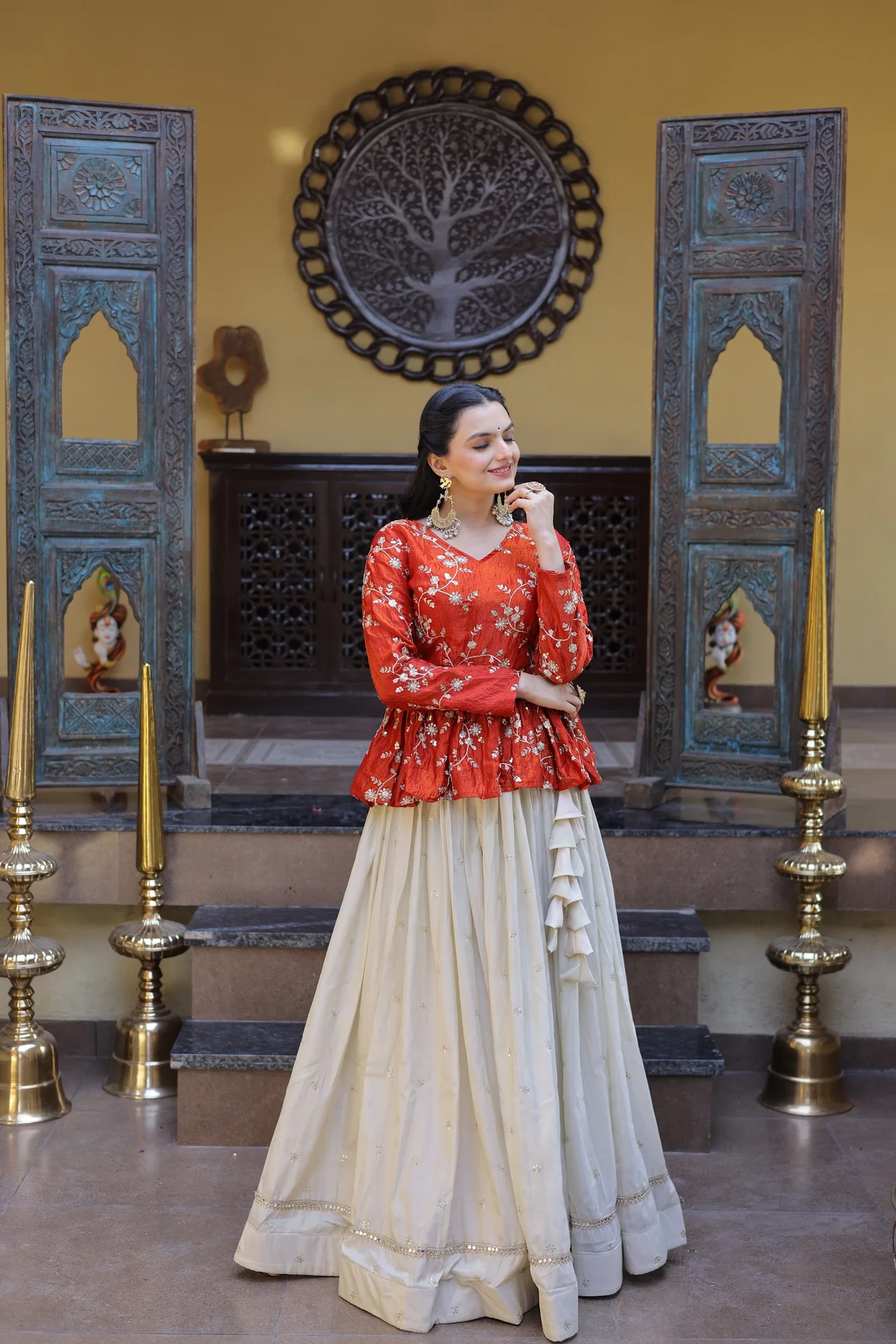 Women's Silk Lehenga Choli with Peplum Top in Orange — photo 7 of 8