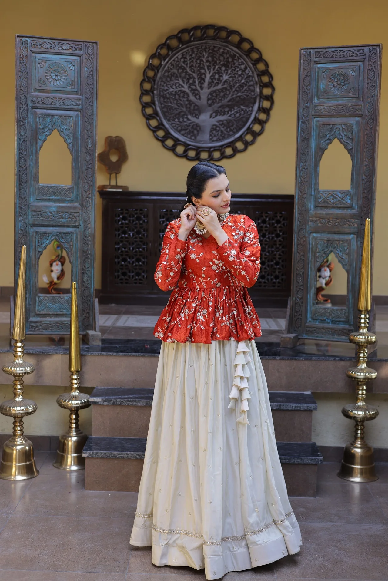 Women's Silk Lehenga Choli with Peplum Top in Orange — photo 8 of 8