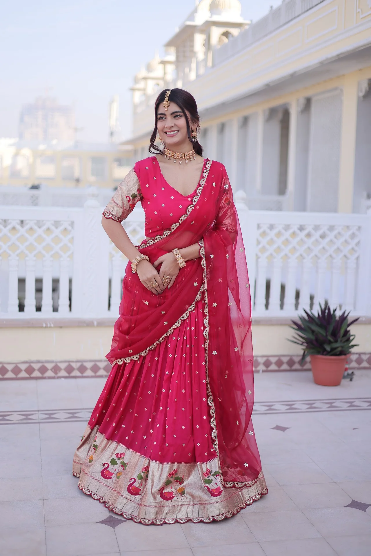 Women's Dola Silk Lehenga Choli with Dupatta in Rani Pink — photo 2 of 8