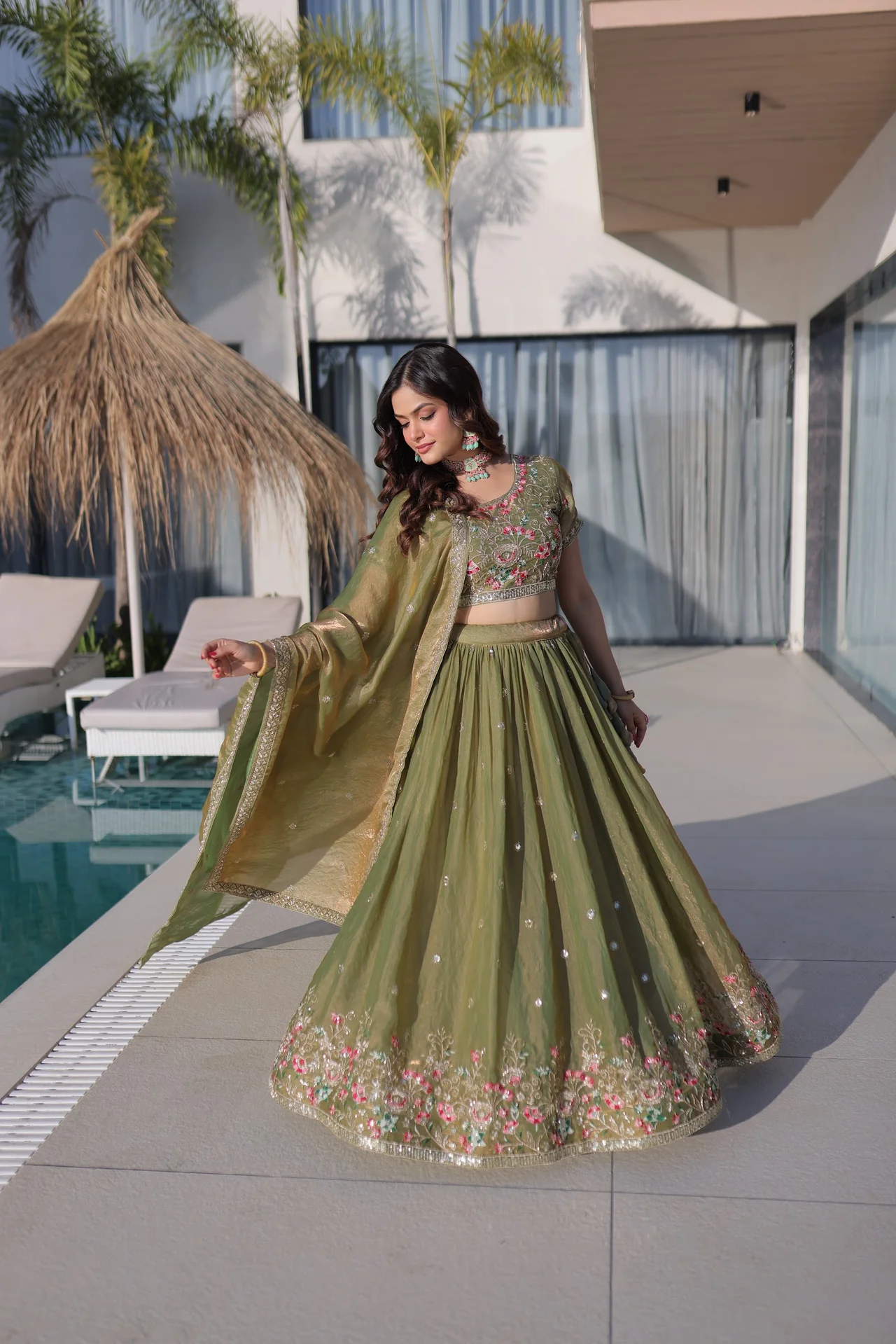 Women's Fendi Silk Lehenga Choli with Dupatta in Pista Green — photo 2 of 7