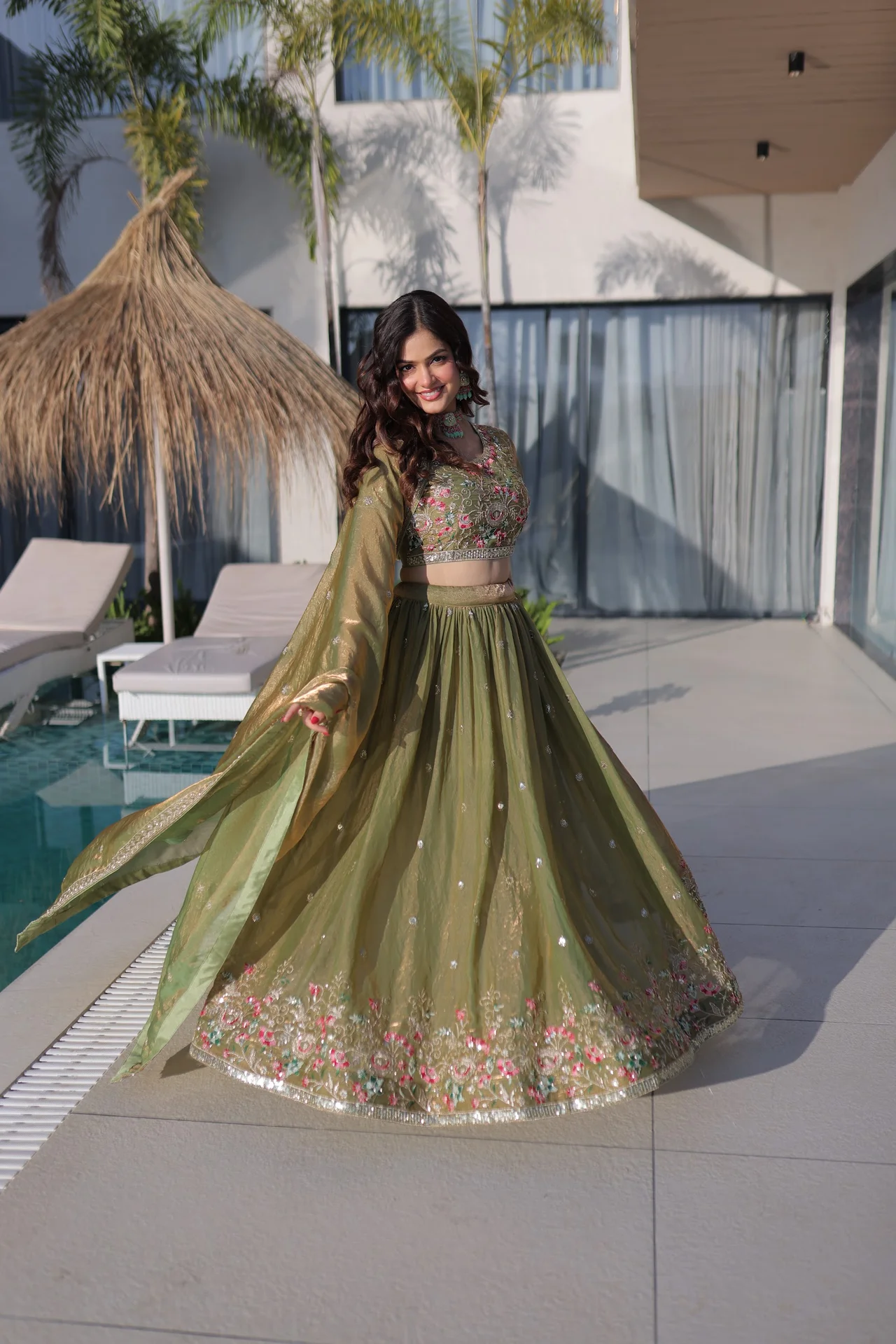 Women's Fendi Silk Lehenga Choli with Dupatta in Pista Green — photo 3 of 7