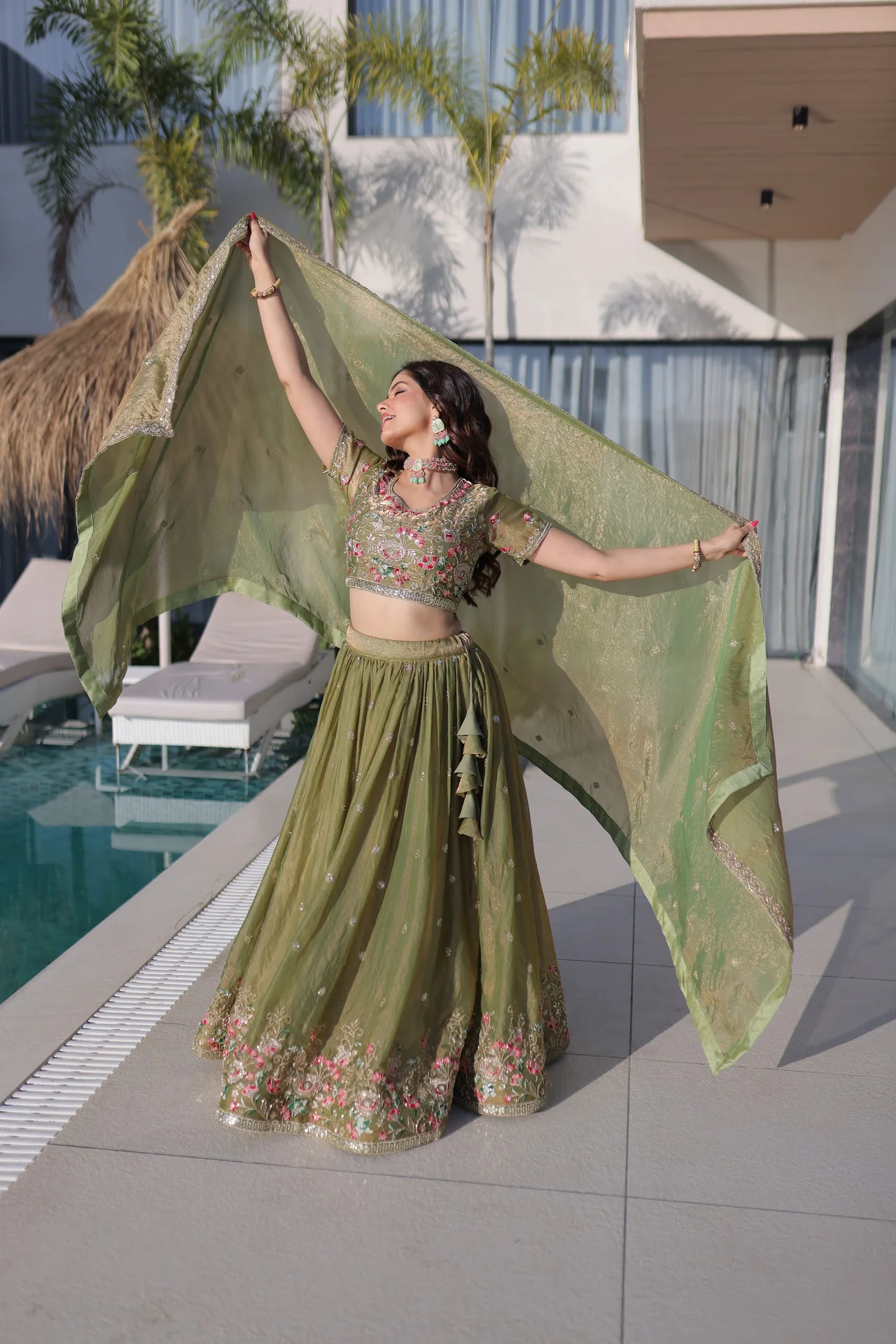 Women's Fendi Silk Lehenga Choli with Dupatta in Pista Green — photo 4 of 7