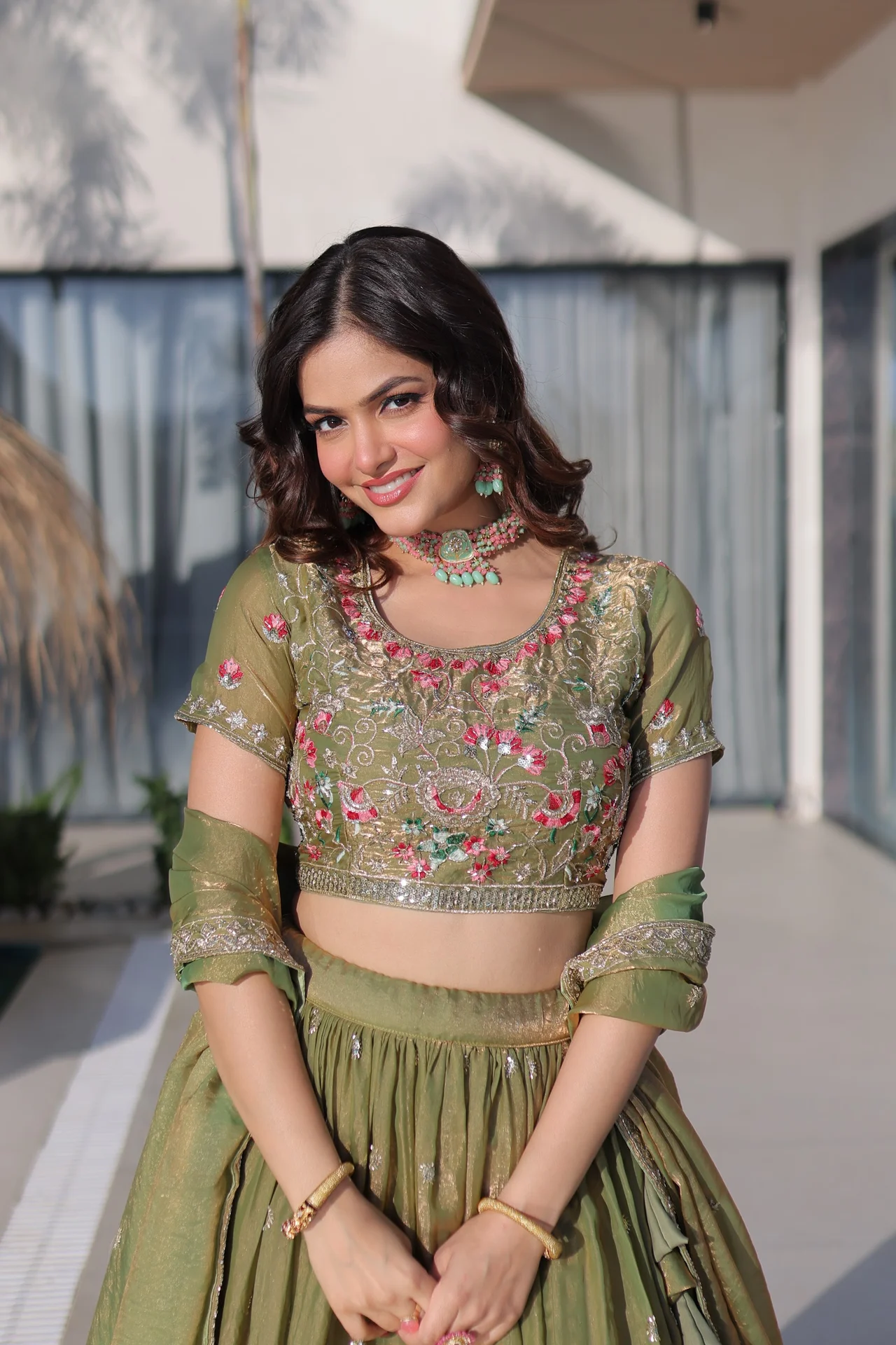 Women's Fendi Silk Lehenga Choli with Dupatta in Pista Green — photo 5 of 7