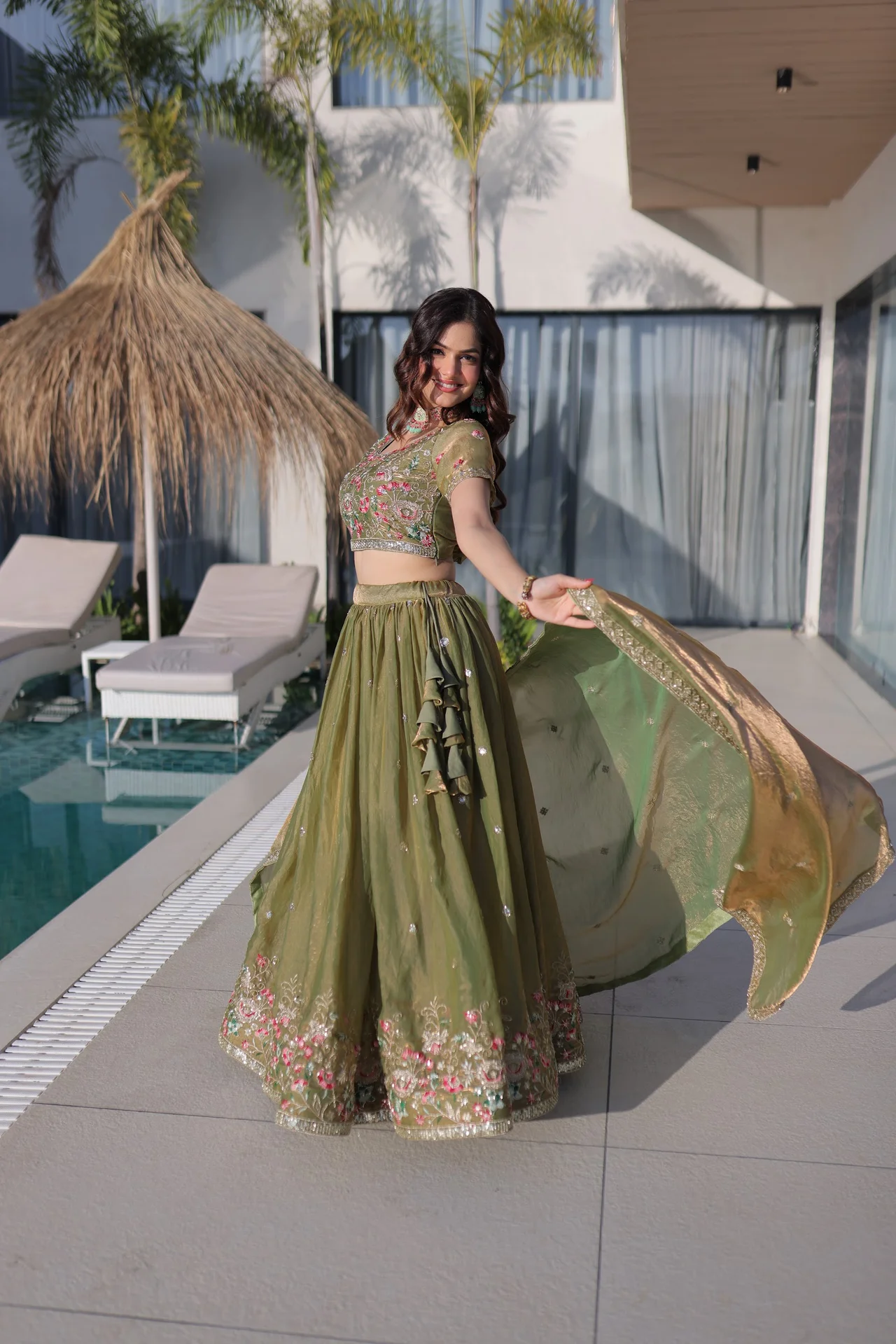 Women's Fendi Silk Lehenga Choli with Dupatta in Pista Green — photo 6 of 7