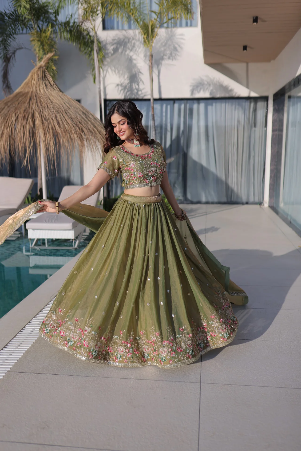 Women's Fendi Silk Lehenga Choli with Dupatta in Pista Green — photo 7 of 7