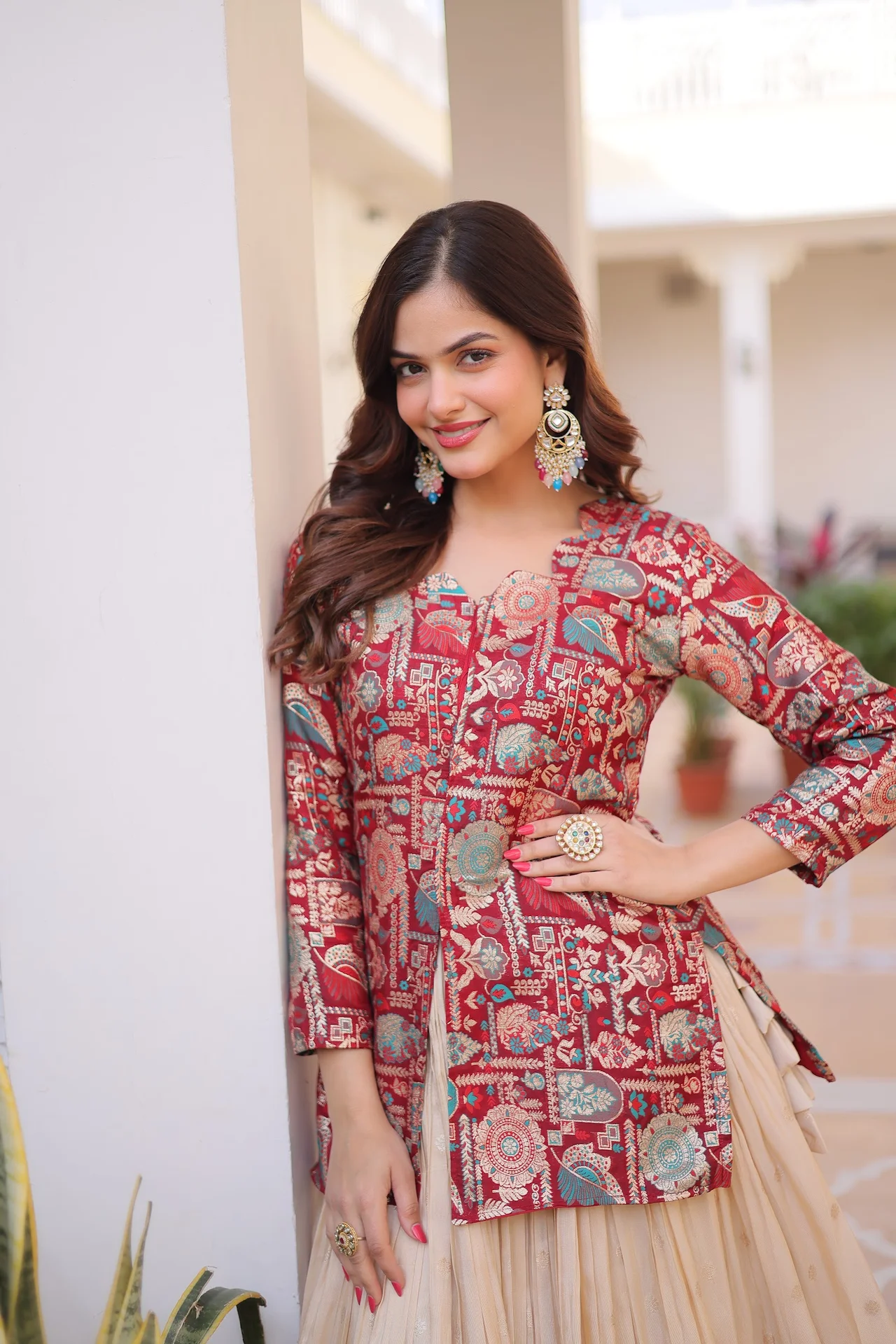 Women's Jacquard Weaving Lehenga Choli with Stitched Blouse in Maroon — photo 2 of 7