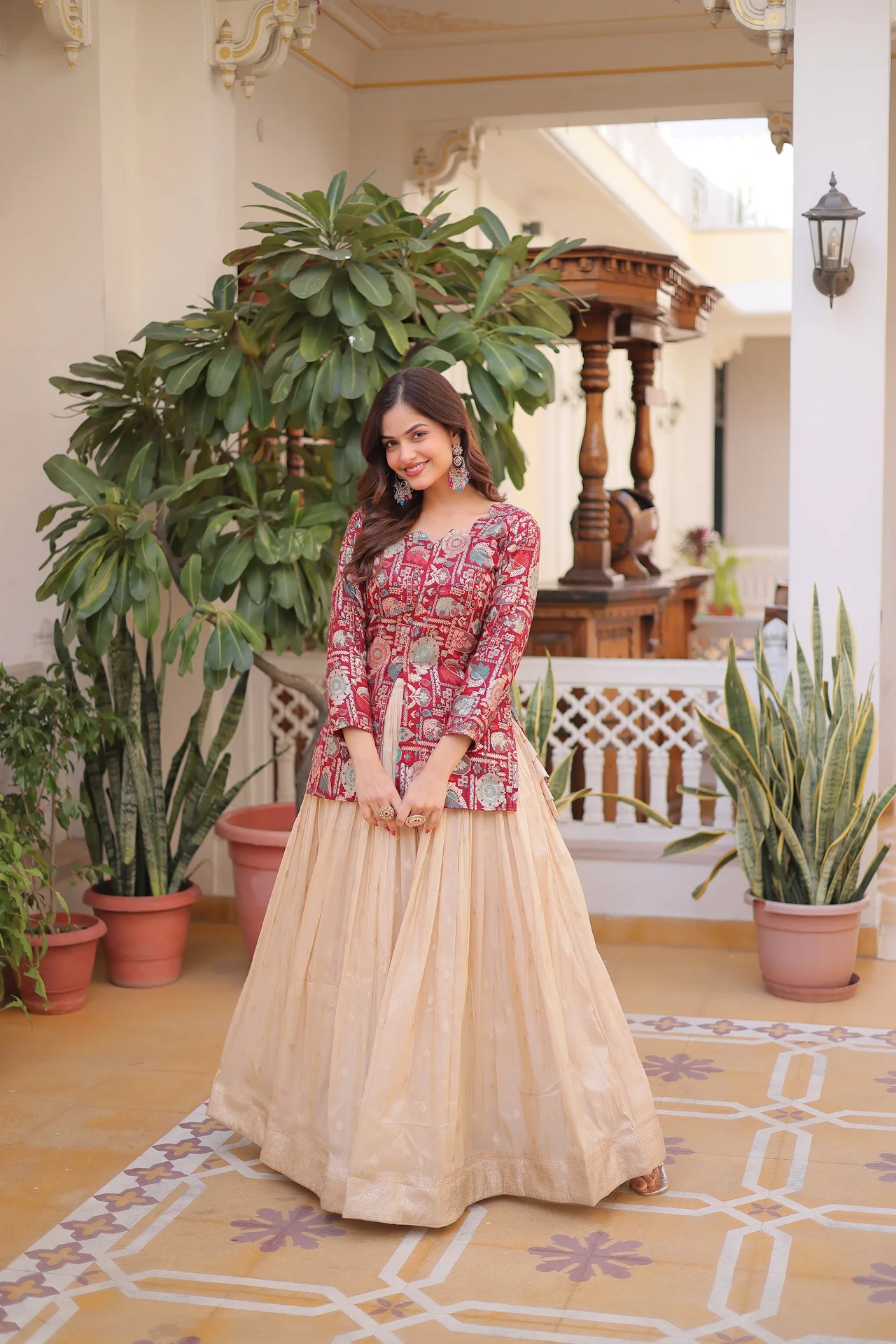 Women's Jacquard Weaving Lehenga Choli with Stitched Blouse in Maroon — photo 4 of 7