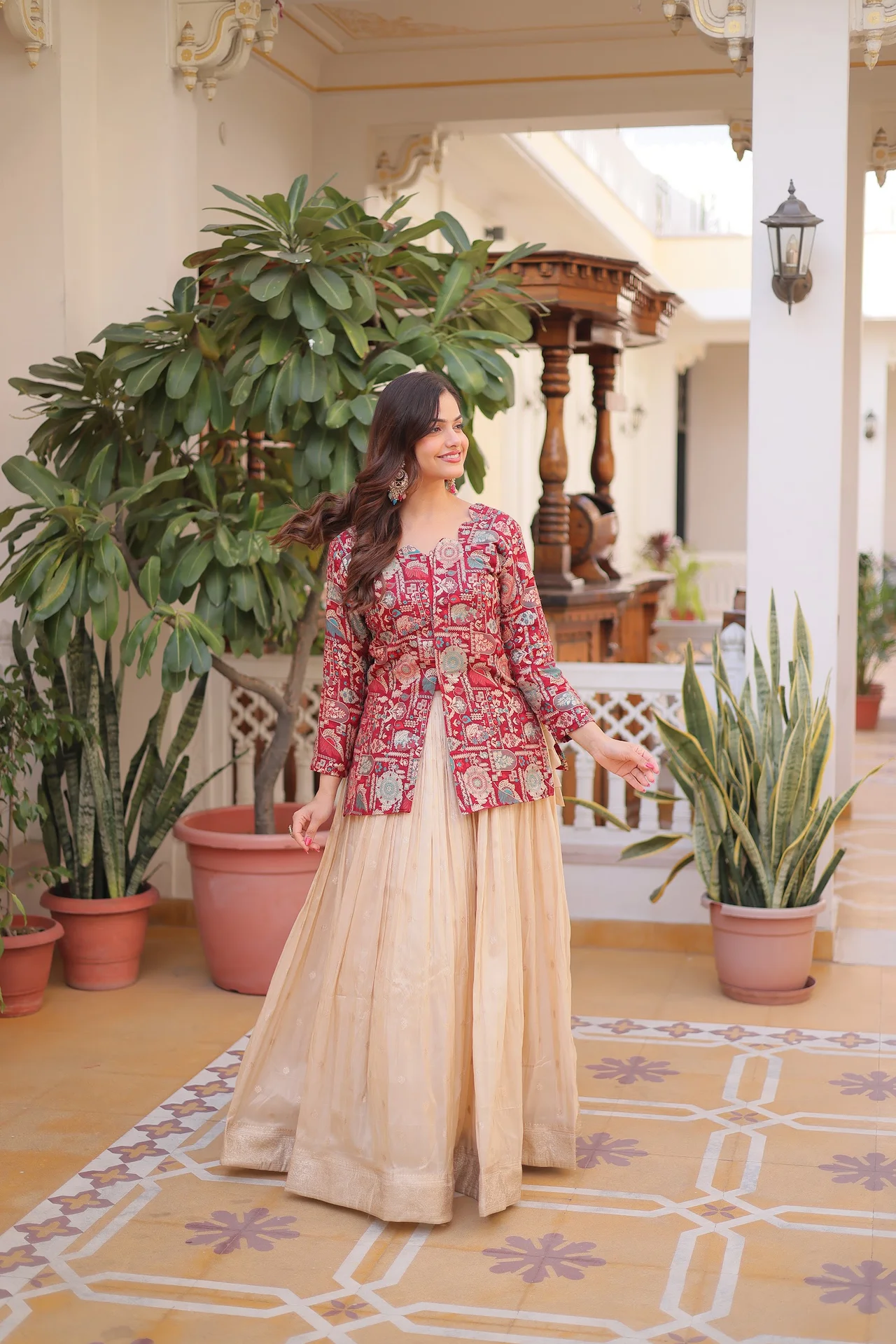 Women's Jacquard Weaving Lehenga Choli with Stitched Blouse in Maroon — photo 5 of 7