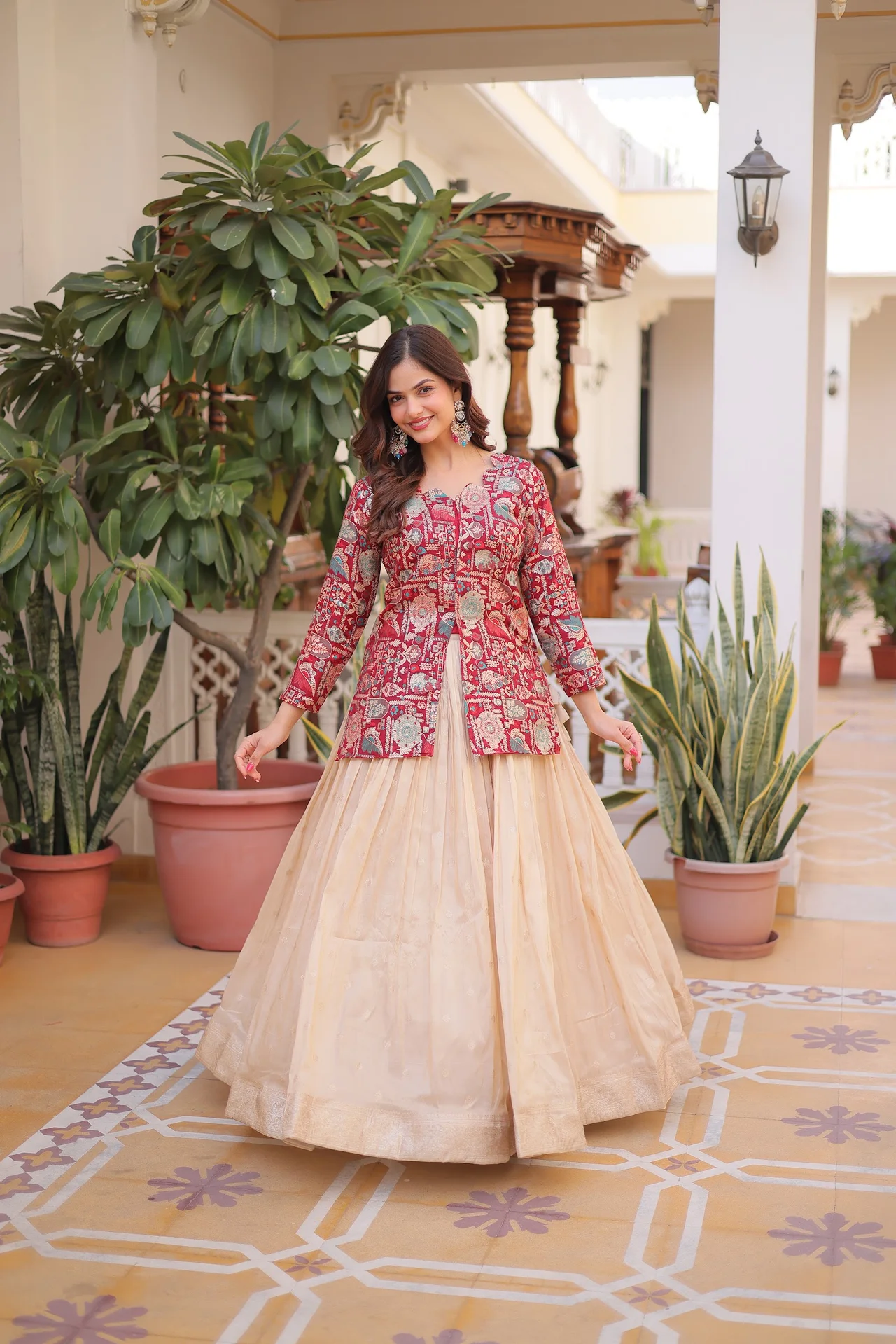 Women's Jacquard Weaving Lehenga Choli with Stitched Blouse in Maroon — photo 6 of 7