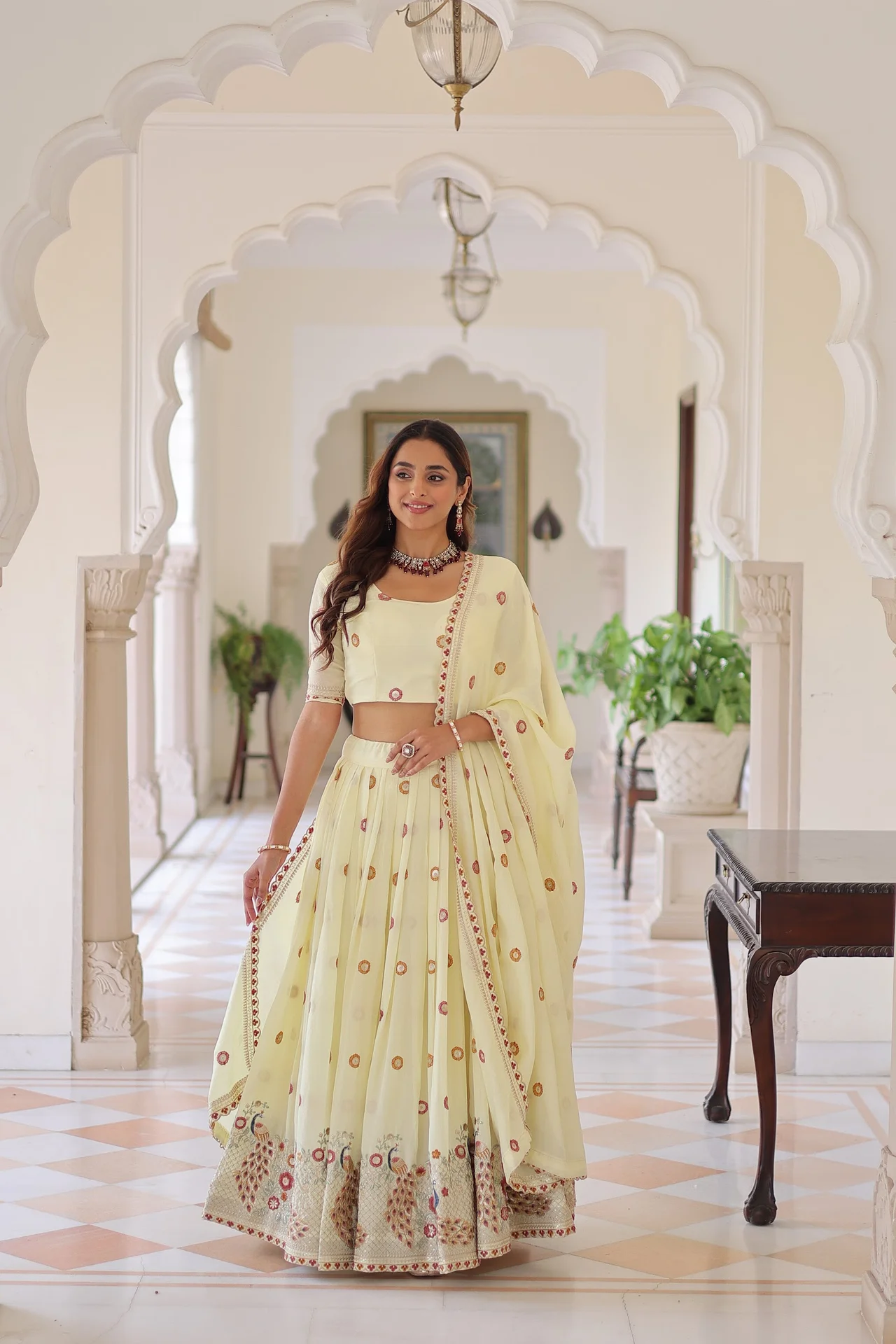 Women's Vichitra Silk Lehenga Choli with Dupatta in Cream — photo 2 of 10