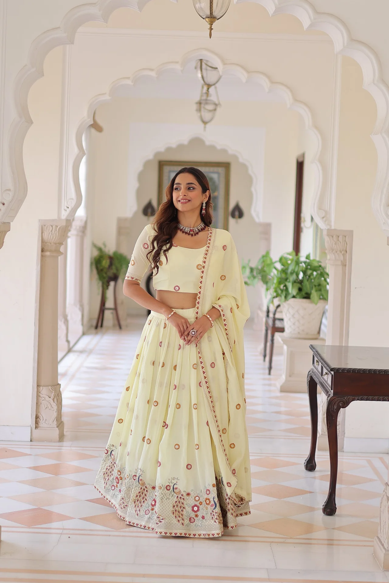 Women's Vichitra Silk Lehenga Choli with Dupatta in Cream — photo 7 of 10