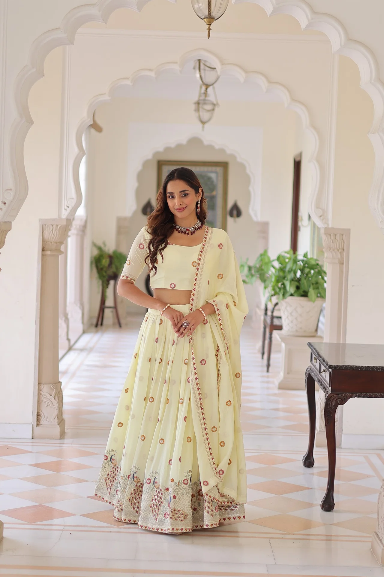 Women's Vichitra Silk Lehenga Choli with Dupatta in Cream — photo 8 of 10