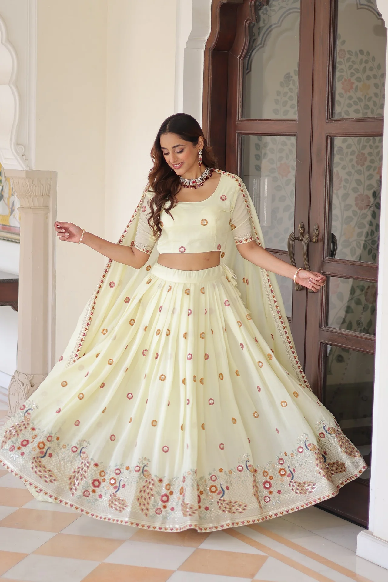 Women's Vichitra Silk Lehenga Choli with Dupatta in Cream — photo 9 of 10