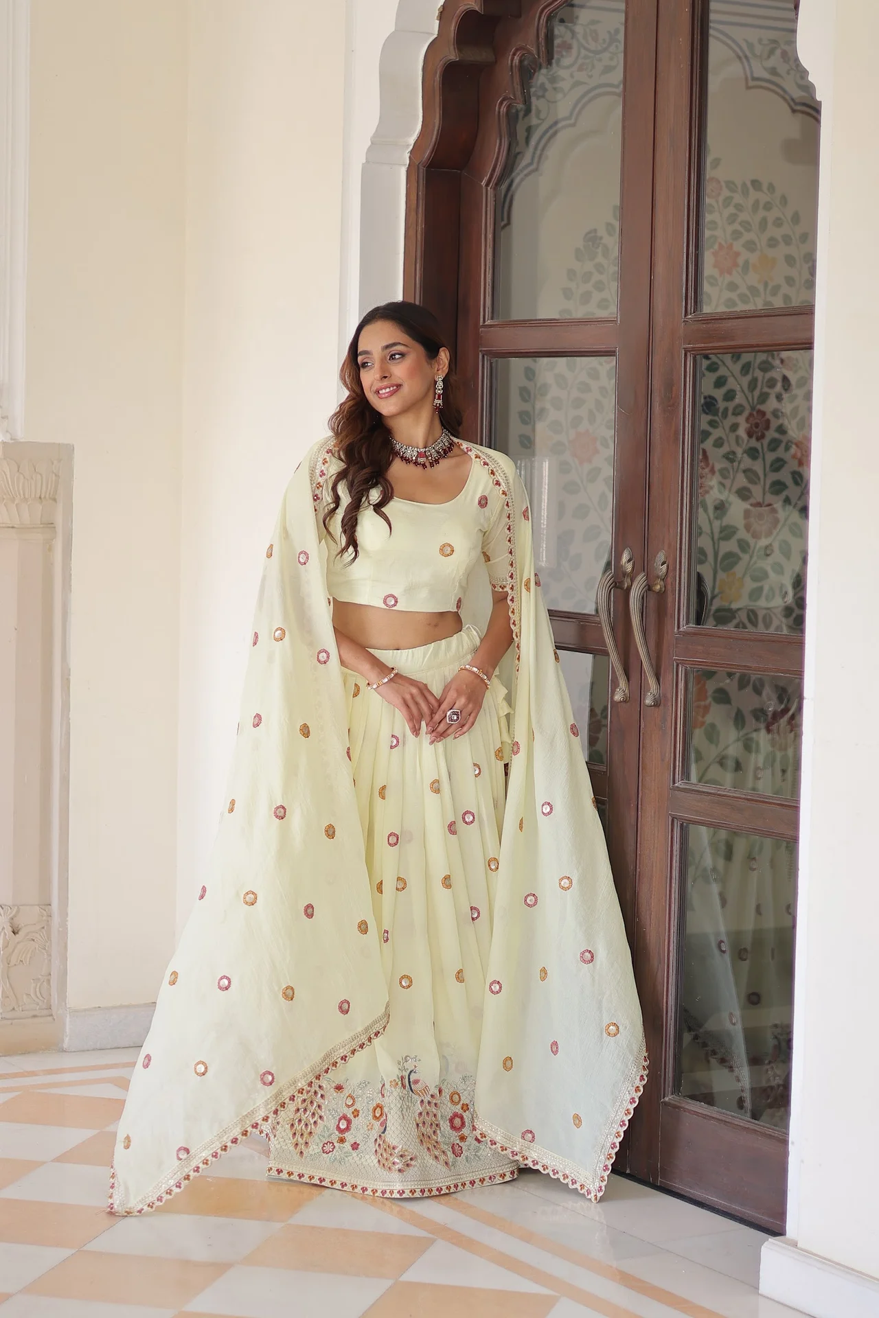 Women's Vichitra Silk Lehenga Choli with Dupatta in Cream — photo 10 of 10