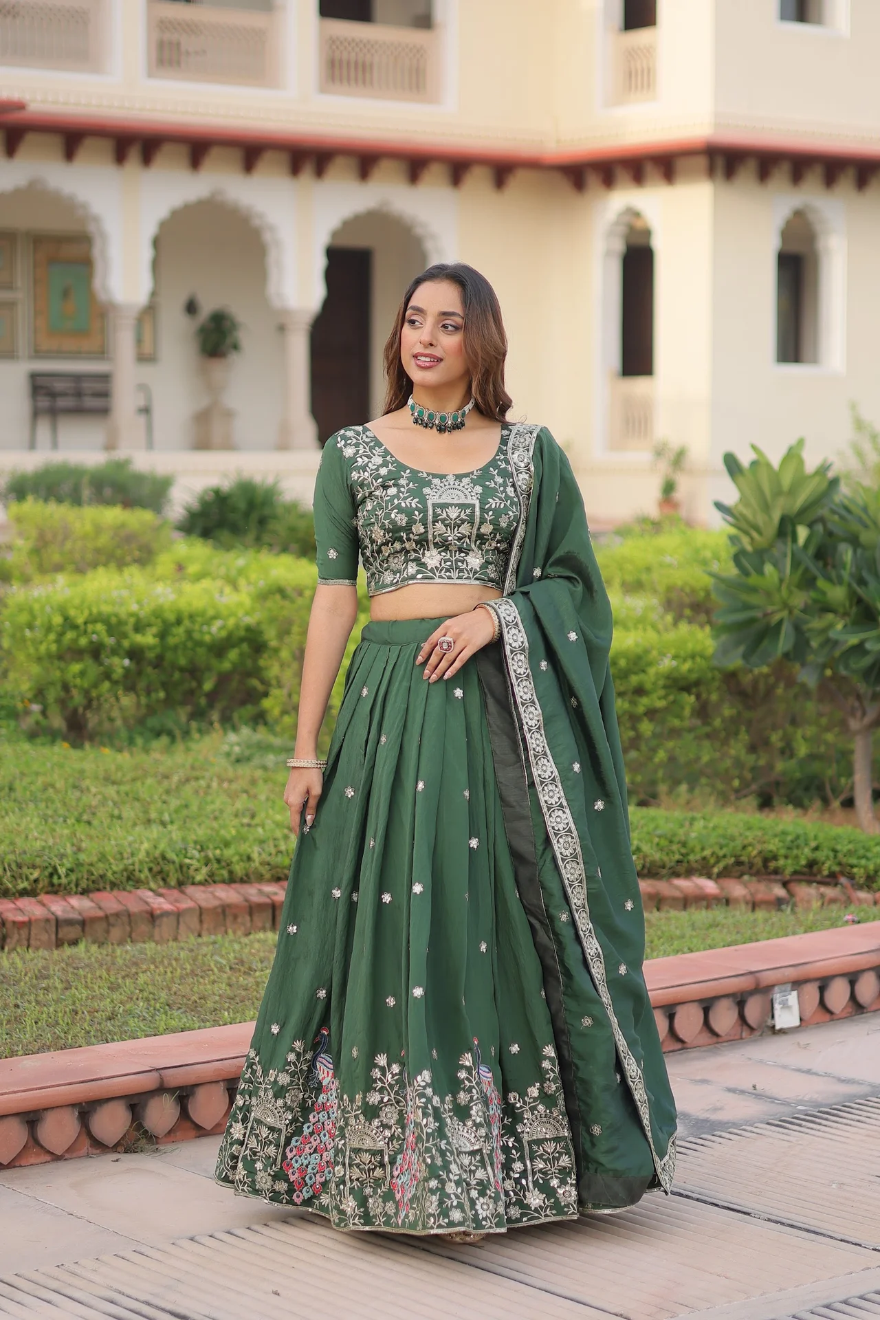 Women's Vichitra Silk Lehenga Choli with Dupatta in Bottle Green — photo 2 of 10