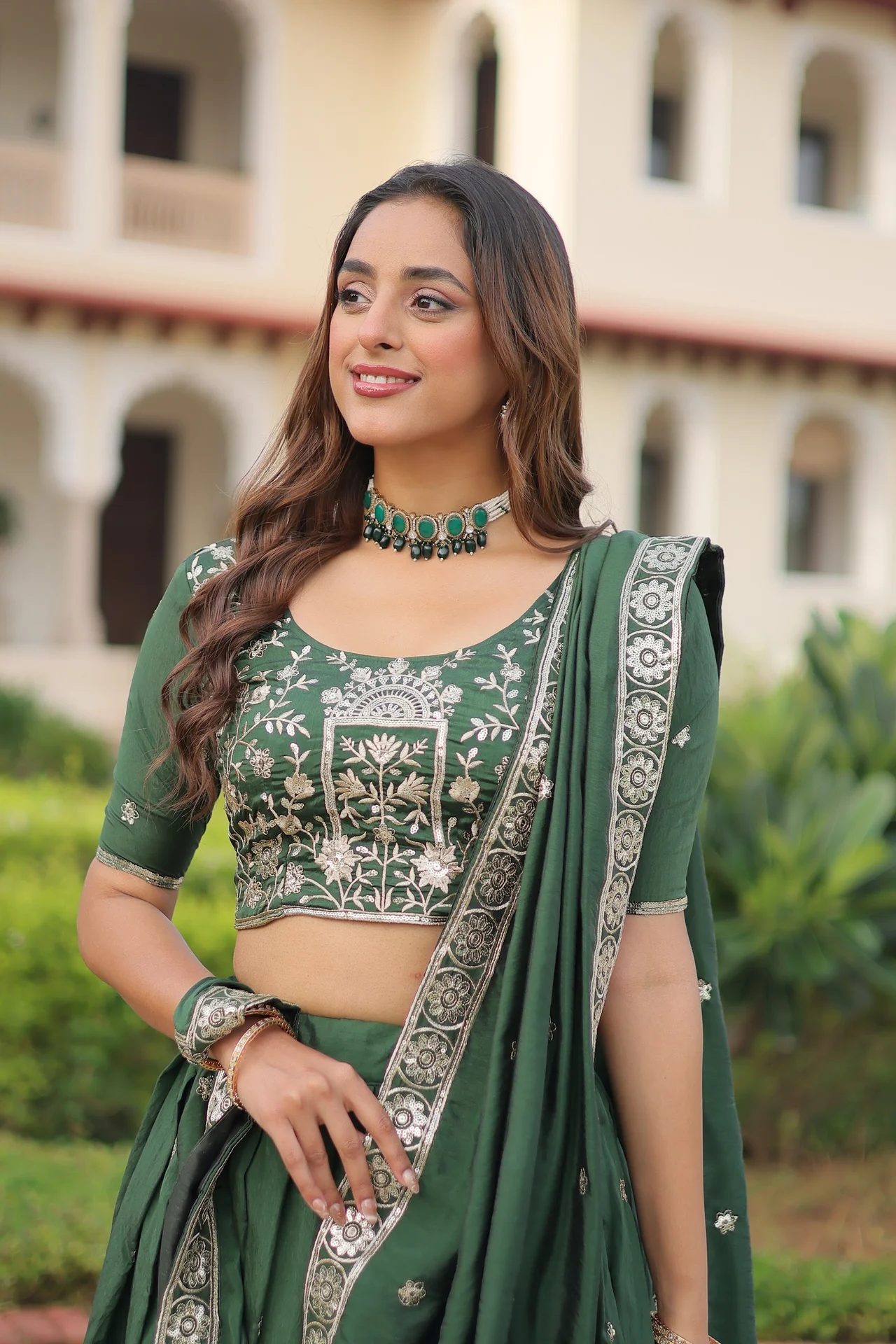Women's Vichitra Silk Lehenga Choli with Dupatta in Bottle Green — photo 3 of 10