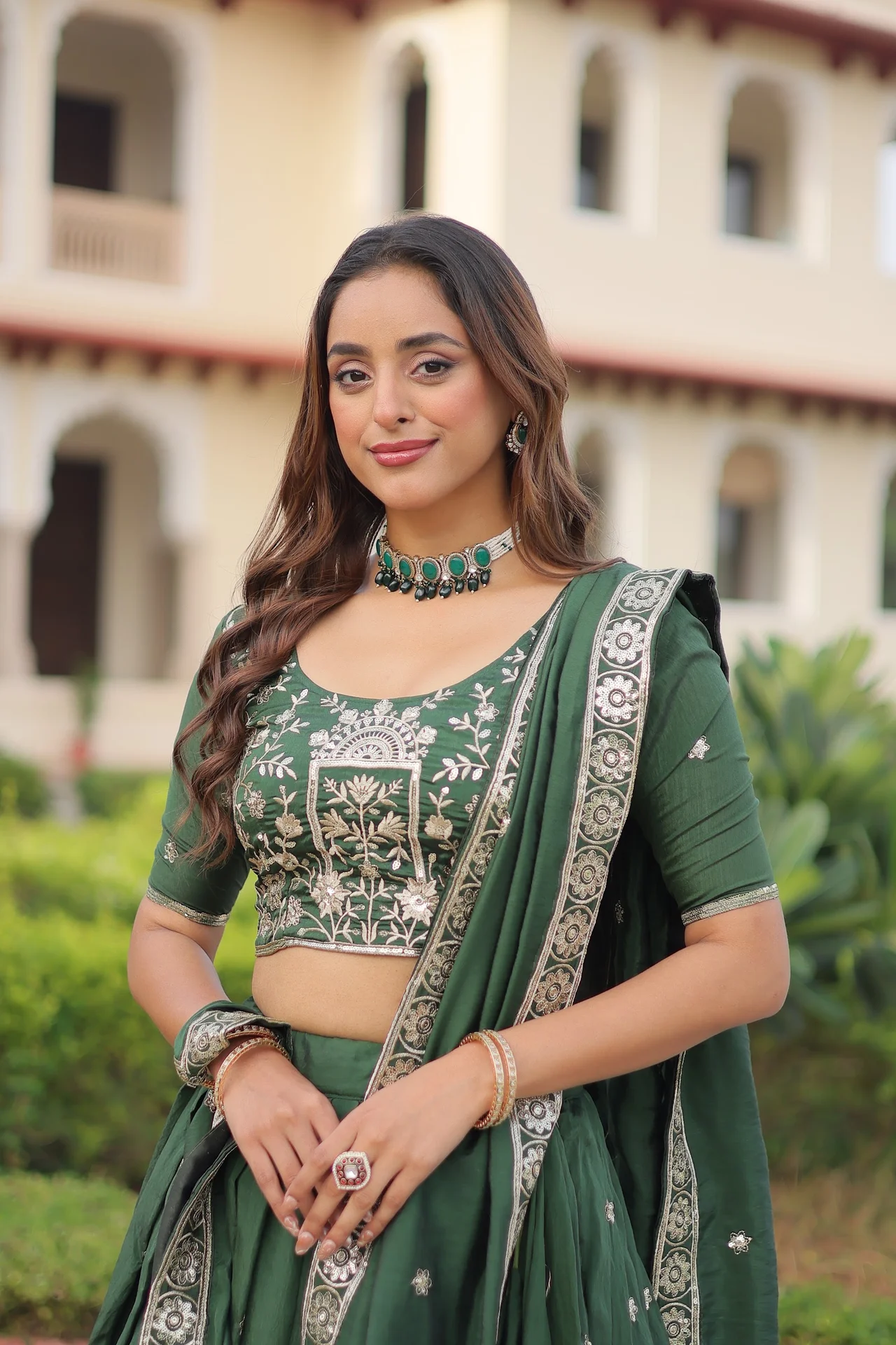 Women's Vichitra Silk Lehenga Choli with Dupatta in Bottle Green — photo 4 of 10