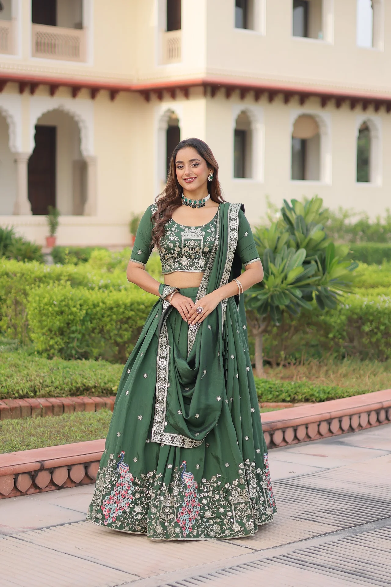 Women's Vichitra Silk Lehenga Choli with Dupatta in Bottle Green — photo 5 of 10
