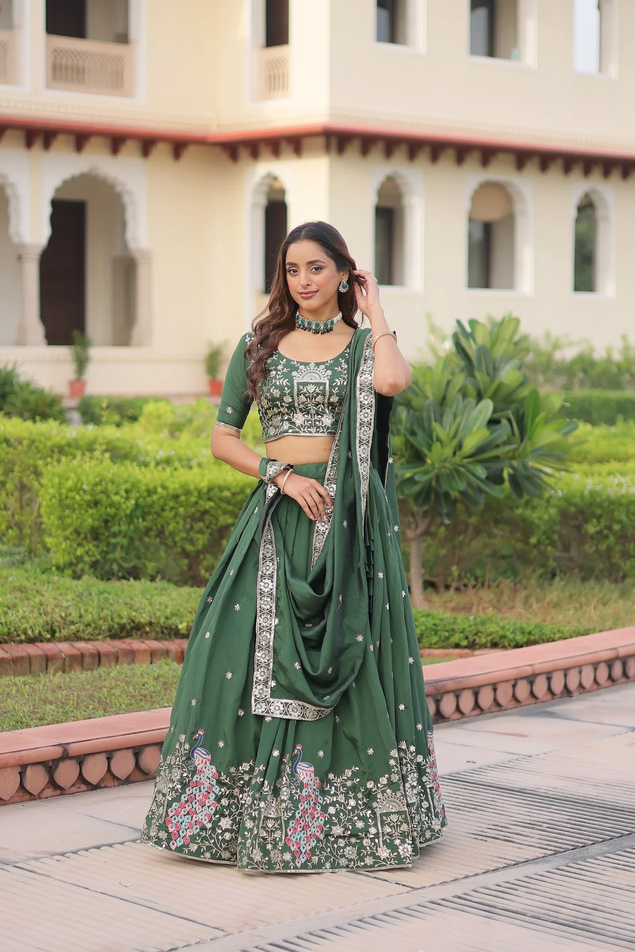 Women's Vichitra Silk Lehenga Choli with Dupatta in Bottle Green — photo 6 of 10