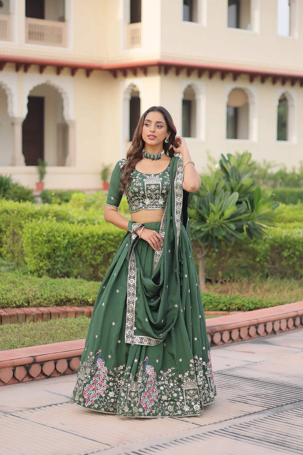 Women's Vichitra Silk Lehenga Choli with Dupatta in Bottle Green — photo 7 of 10