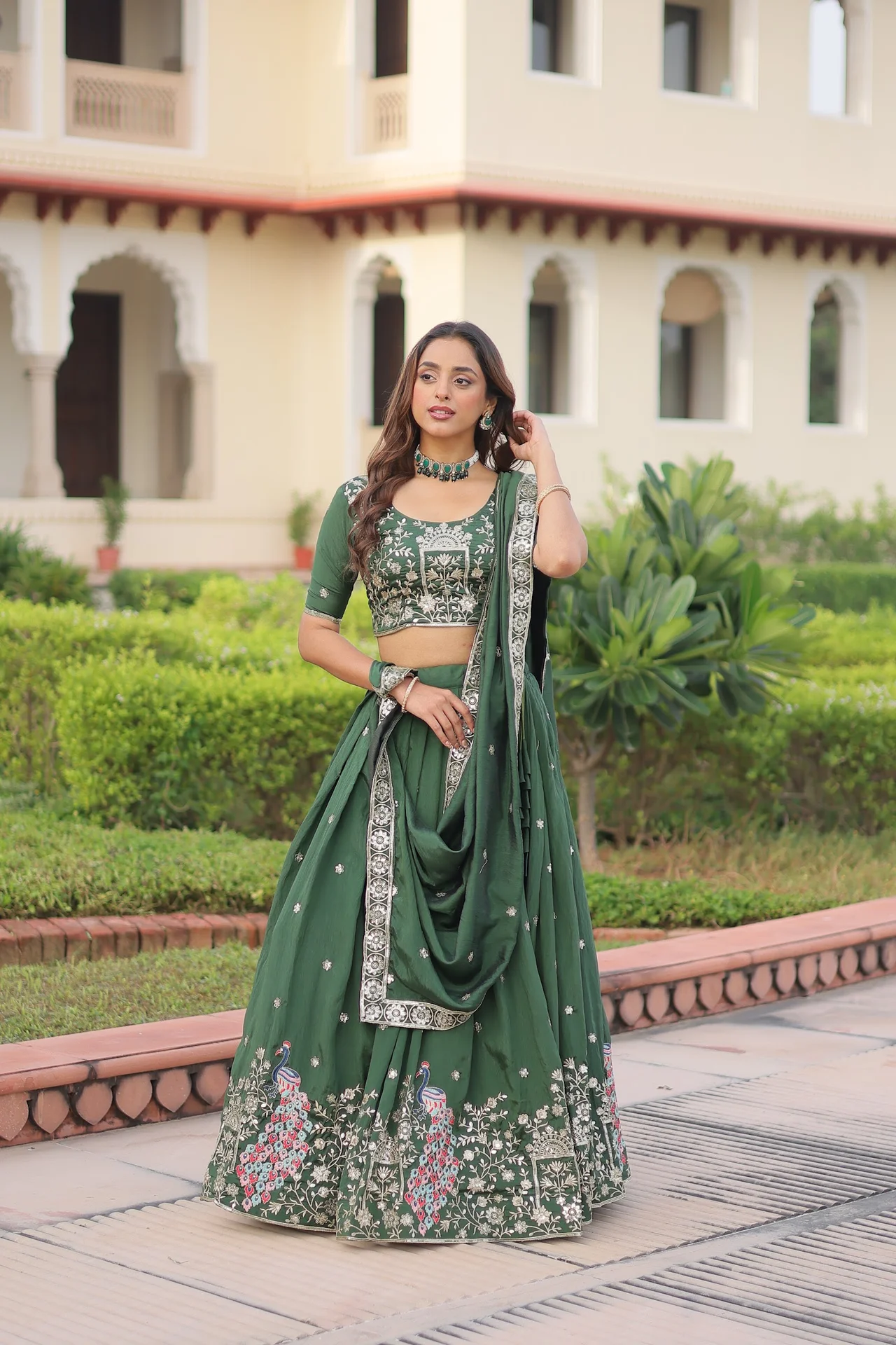 Women's Vichitra Silk Lehenga Choli with Dupatta in Bottle Green — photo 8 of 10
