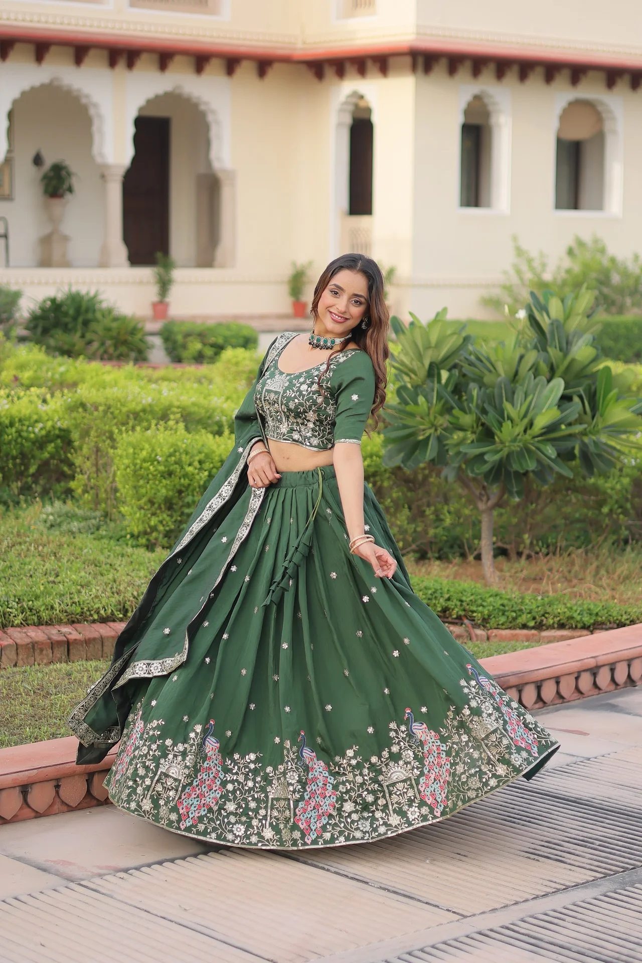 Women's Vichitra Silk Lehenga Choli with Dupatta in Bottle Green — photo 9 of 10
