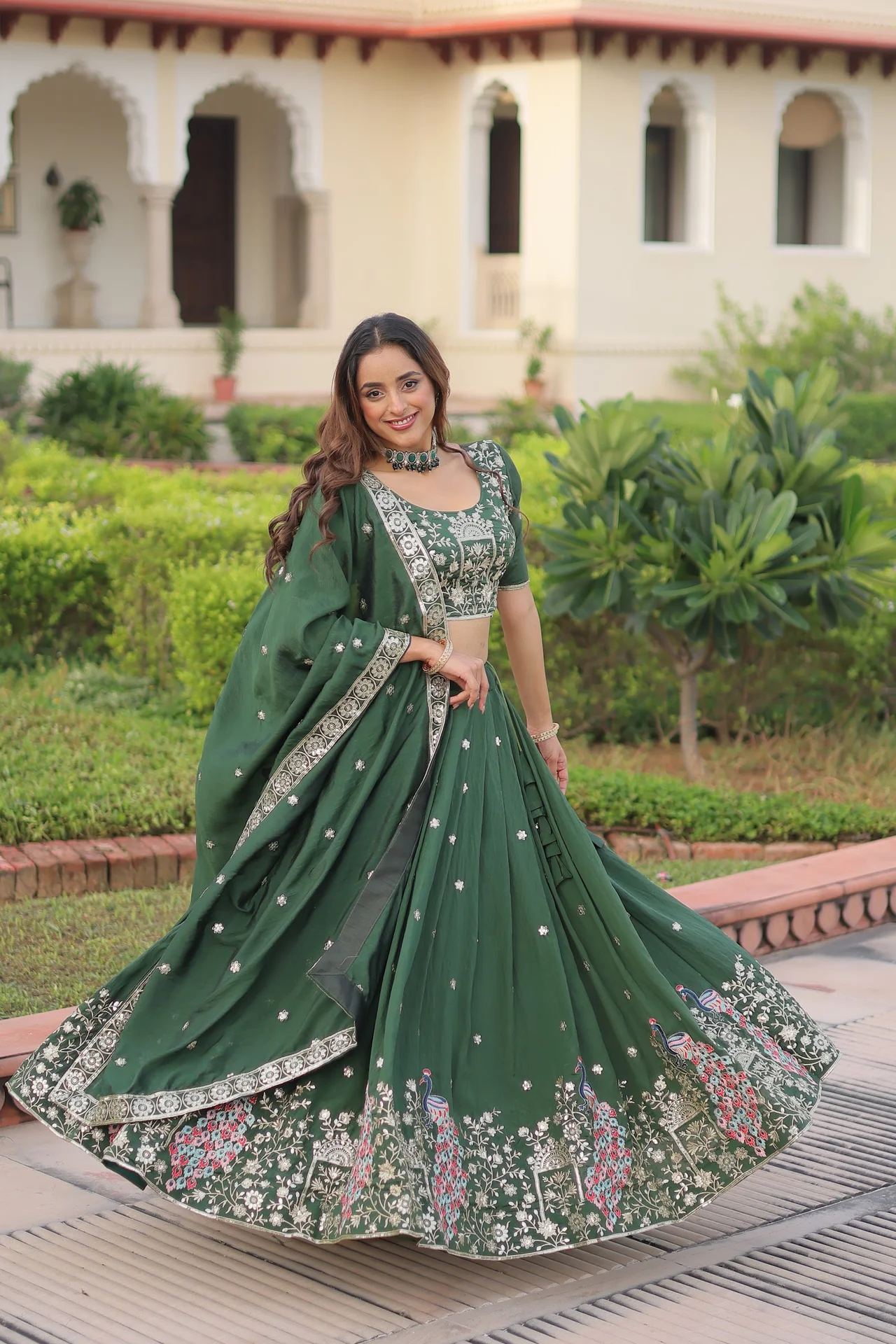 Women's Vichitra Silk Lehenga Choli with Dupatta in Bottle Green — photo 10 of 10