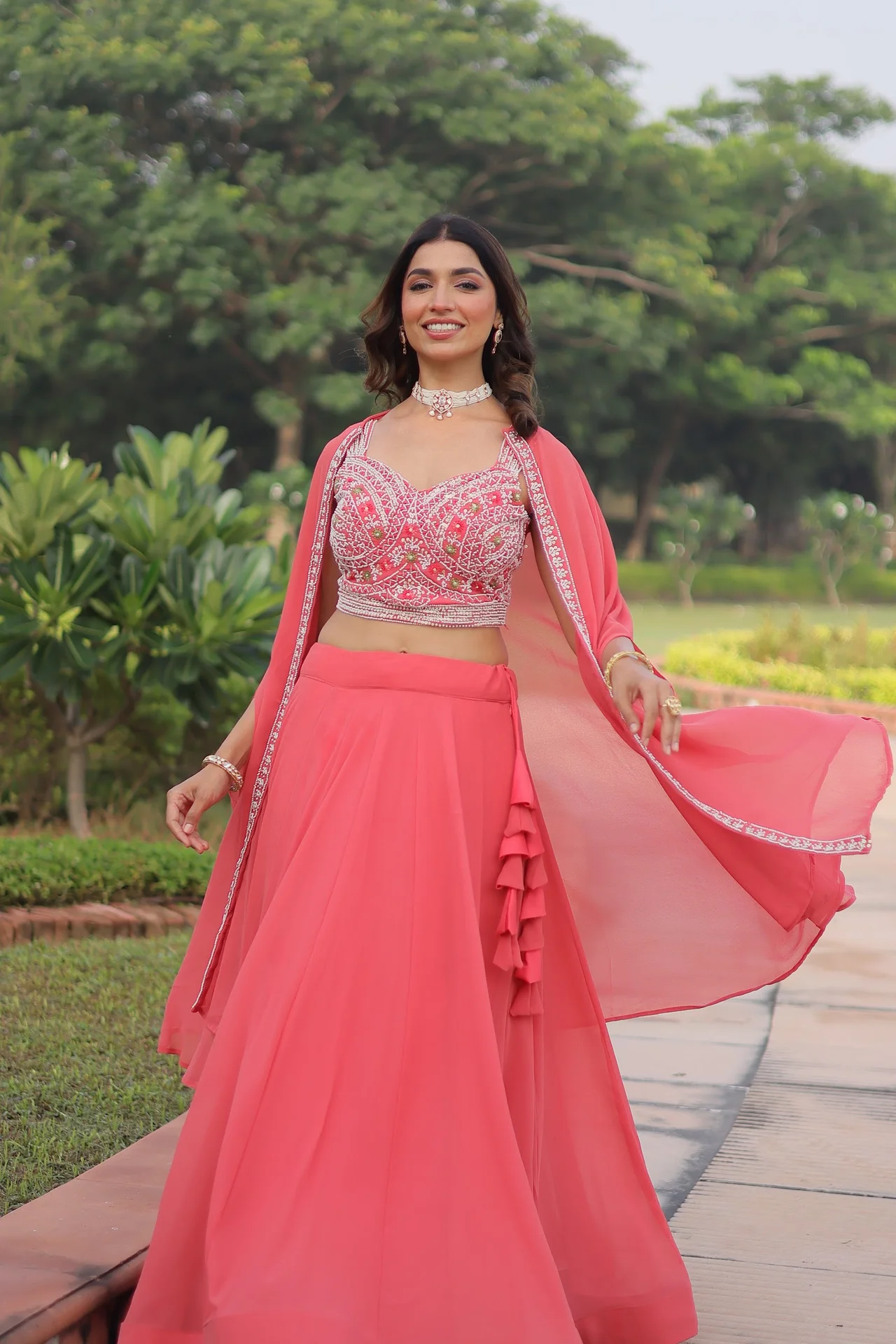 Women's Faux Georgette Lehenga Choli with Embroidered Shrug in Coral — photo 3 of 10