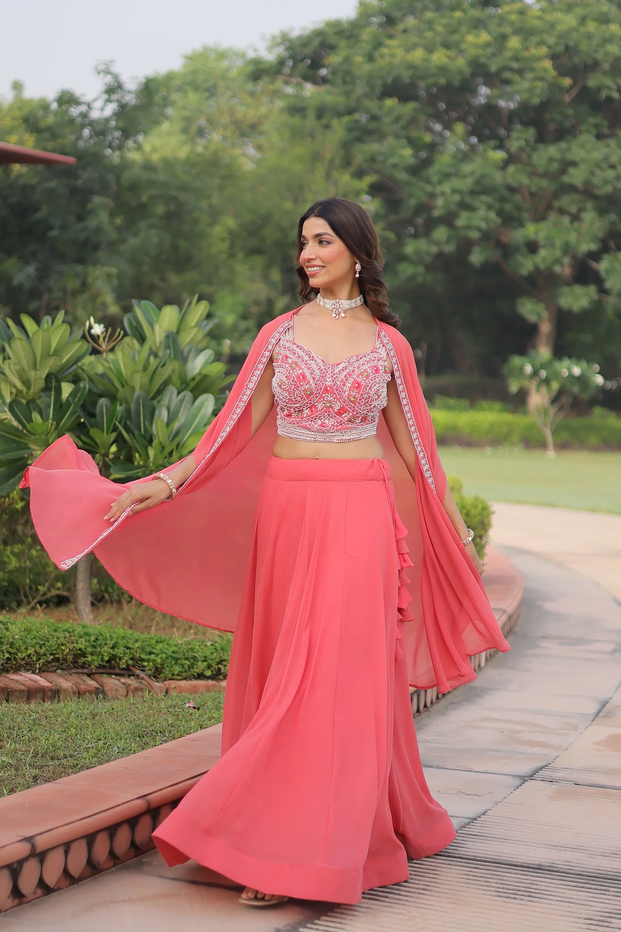 Women's Faux Georgette Lehenga Choli with Embroidered Shrug in Coral — photo 4 of 10