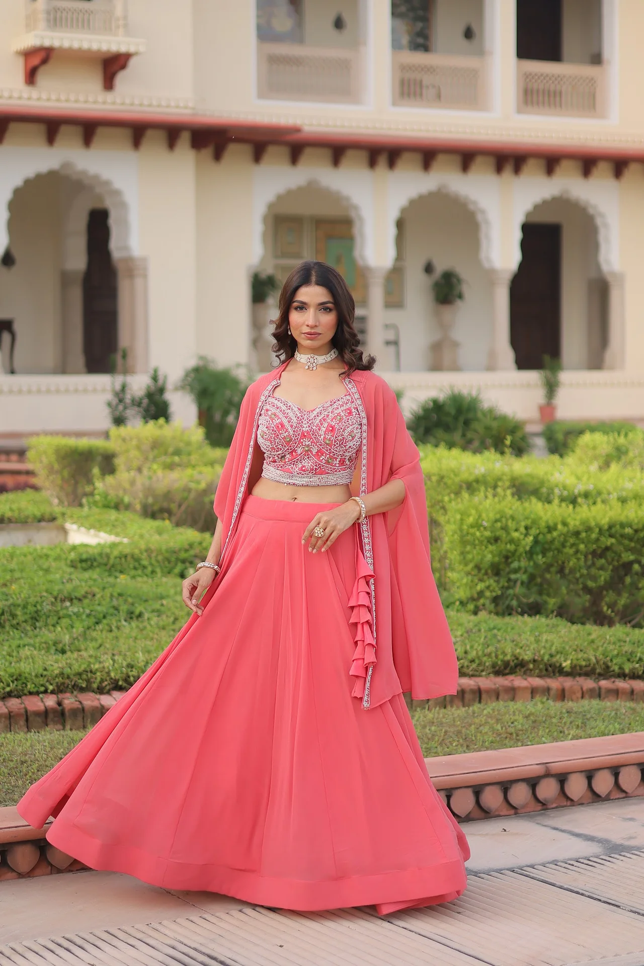Women's Faux Georgette Lehenga Choli with Embroidered Shrug in Coral — photo 5 of 10