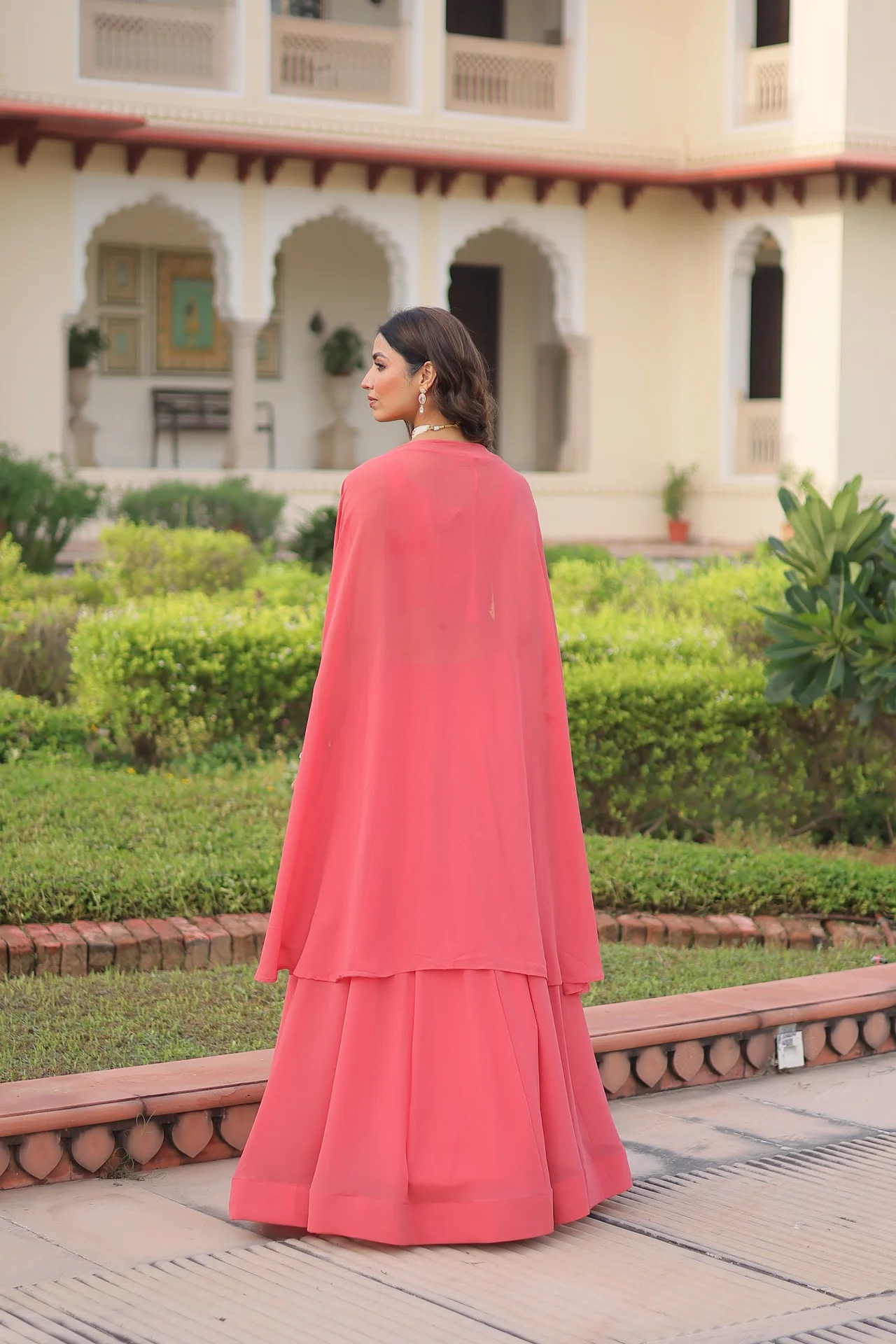 Women's Faux Georgette Lehenga Choli with Embroidered Shrug in Coral — photo 9 of 10
