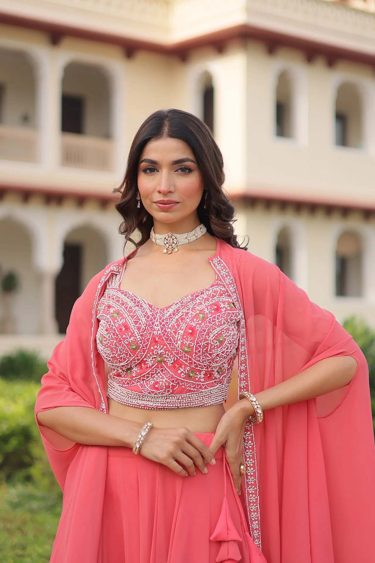 Women's Faux Georgette Lehenga Choli with Embroidered Shrug in Coral — photo 10 of 10