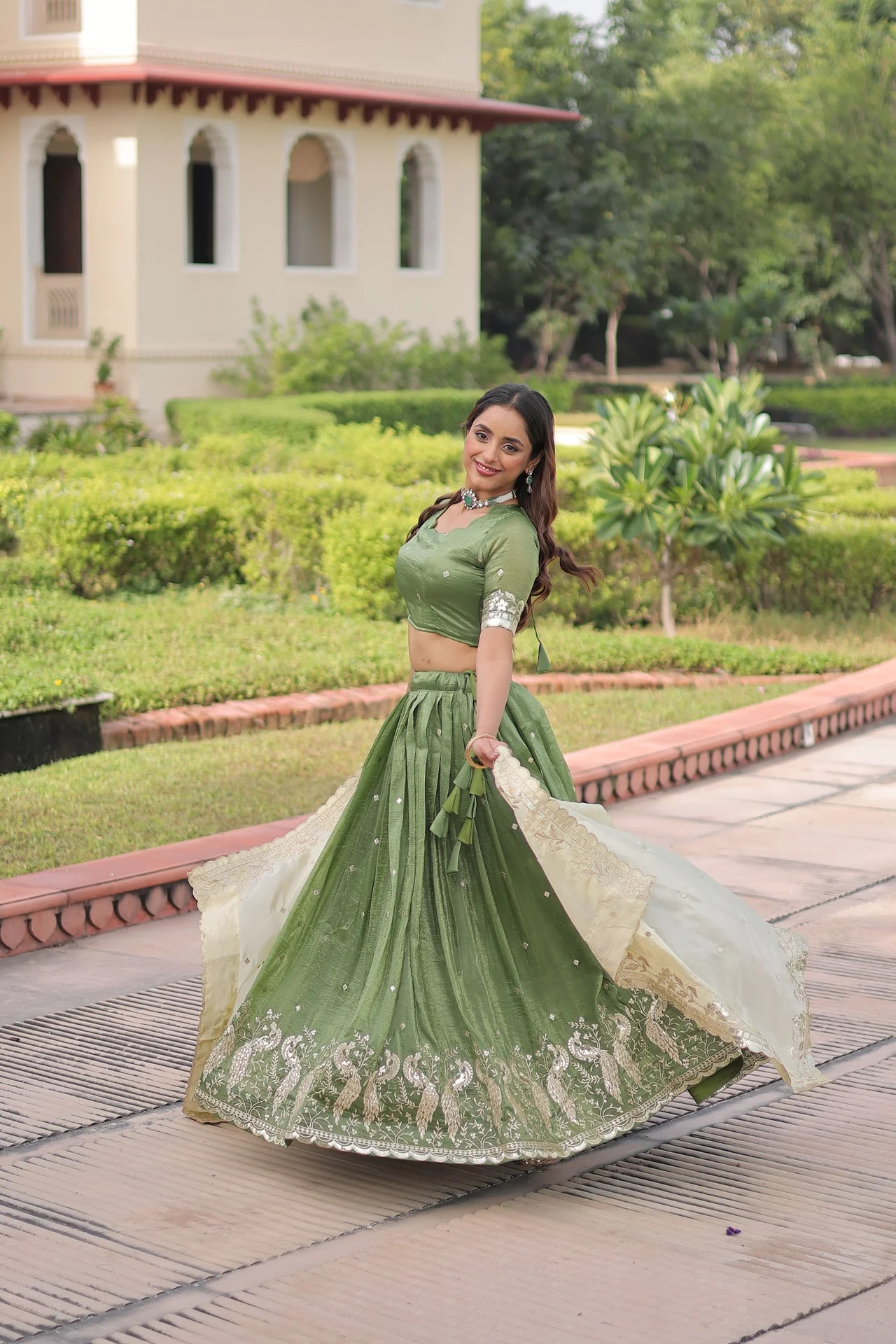 Women's Crush Fabric Lehenga Choli with Dupatta in Mehendi Green — photo 2 of 8