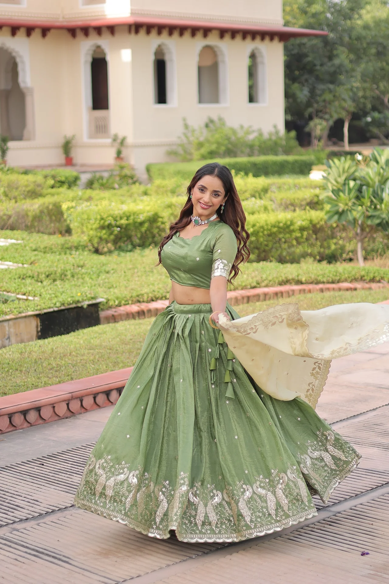 Women's Crush Fabric Lehenga Choli with Dupatta in Mehendi Green — photo 3 of 8
