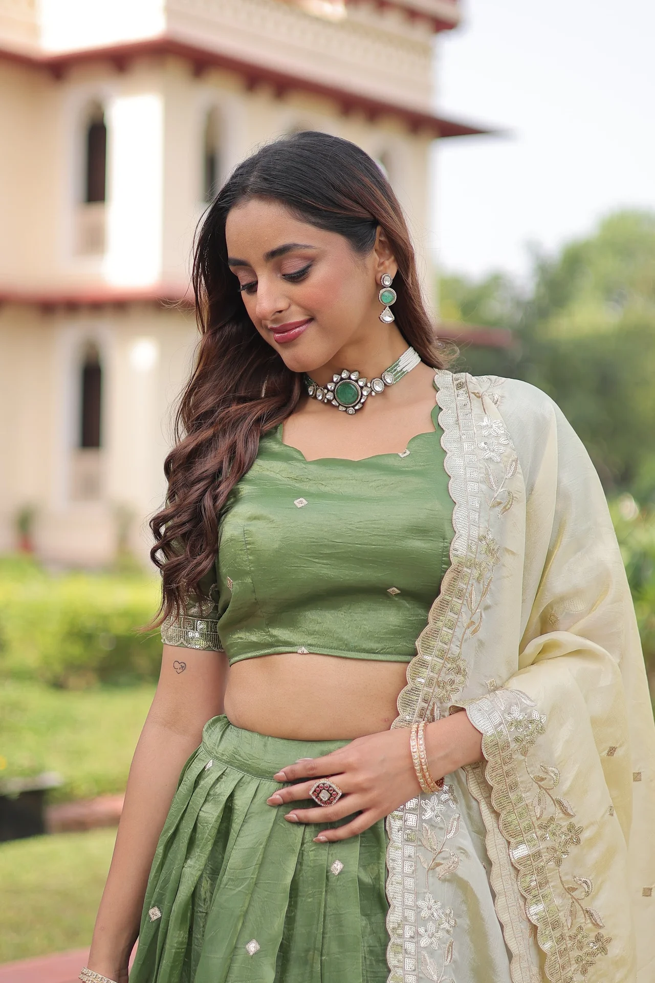 Women's Crush Fabric Lehenga Choli with Dupatta in Mehendi Green — photo 4 of 8