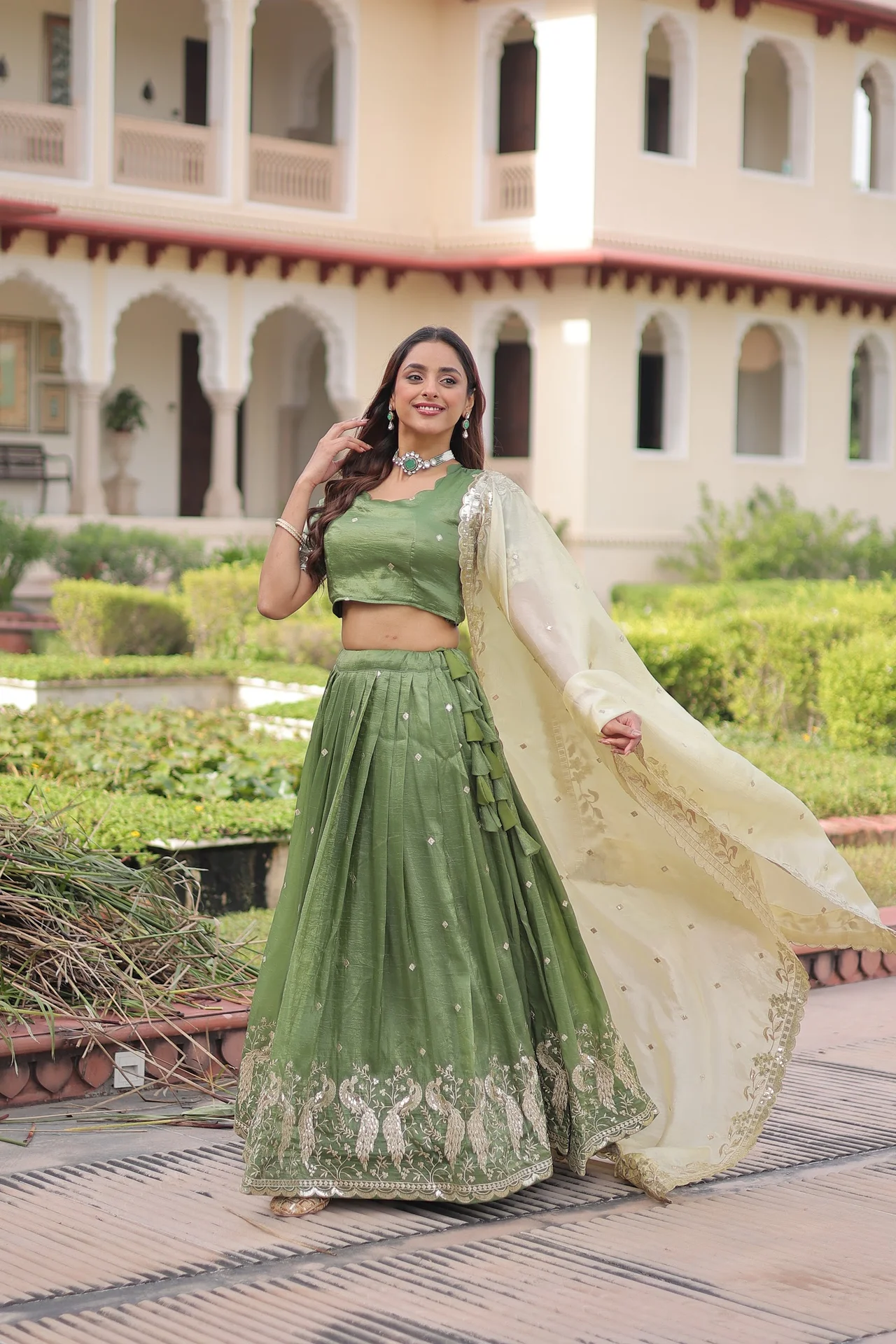 Women's Crush Fabric Lehenga Choli with Dupatta in Mehendi Green — photo 5 of 8