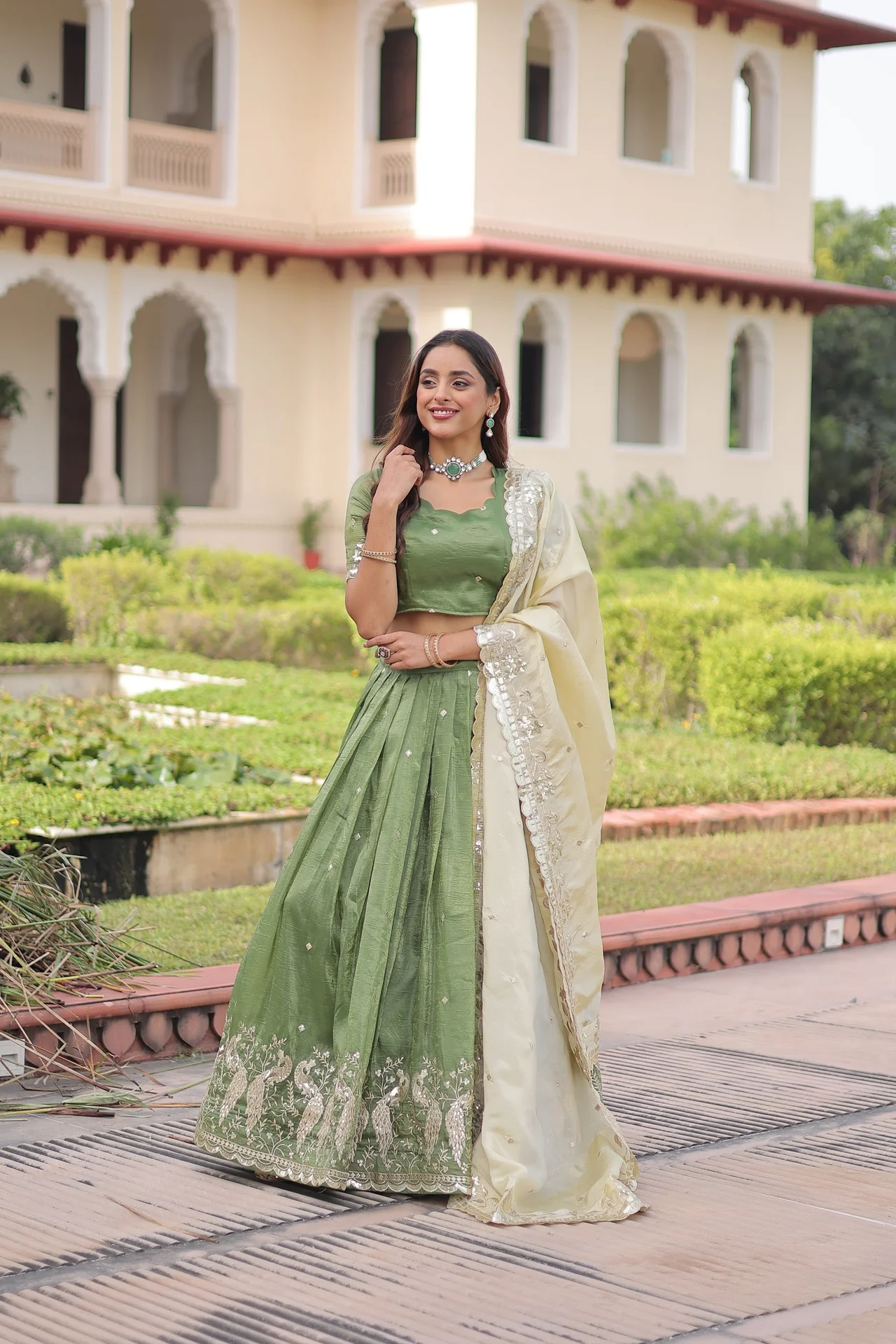 Women's Crush Fabric Lehenga Choli with Dupatta in Mehendi Green — photo 6 of 8