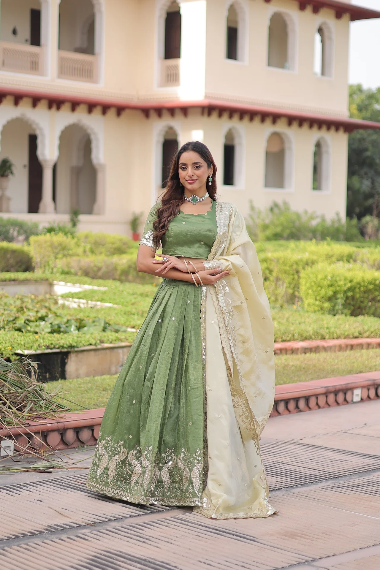 Women's Crush Fabric Lehenga Choli with Dupatta in Mehendi Green — photo 7 of 8