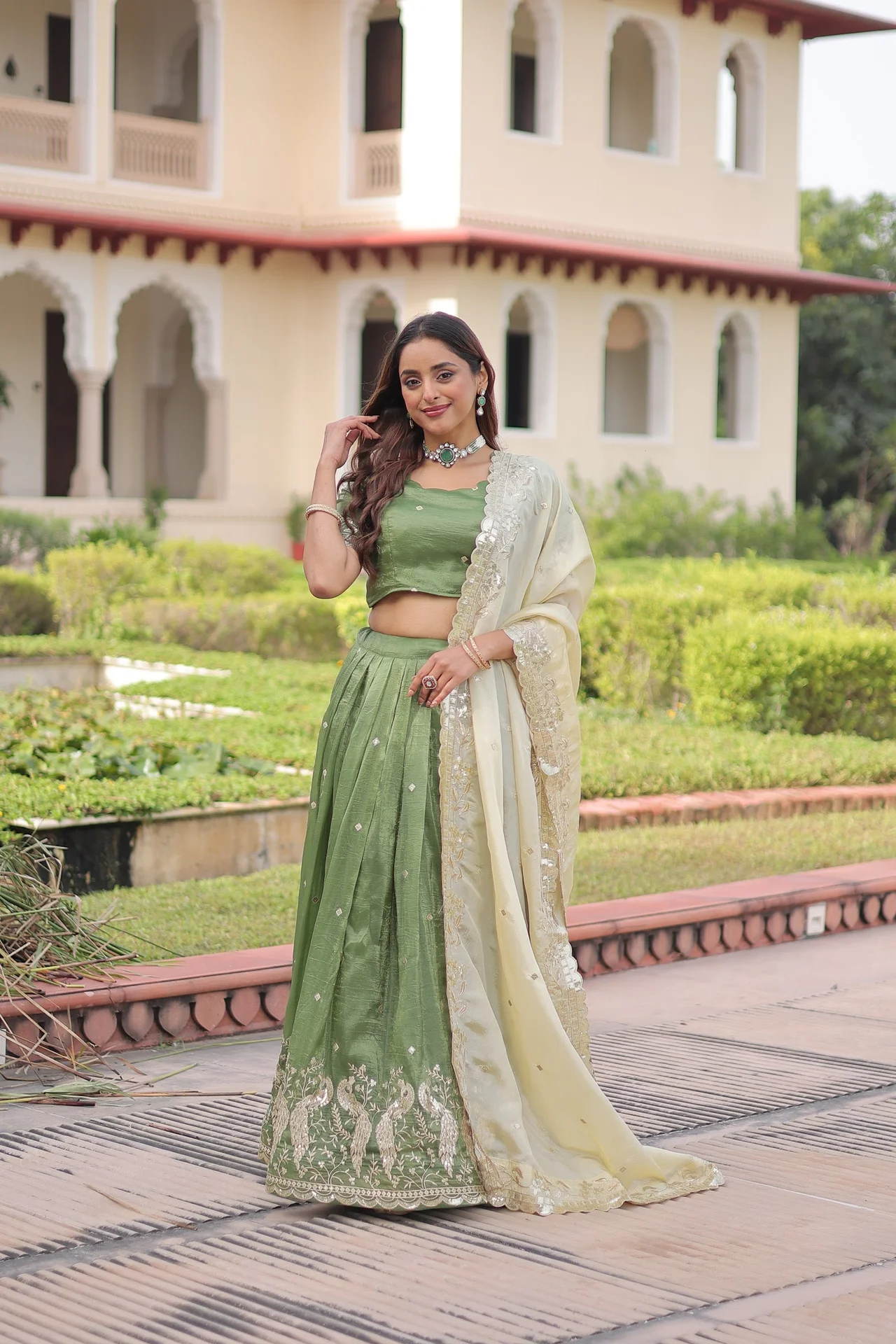 Women's Crush Fabric Lehenga Choli with Dupatta in Mehendi Green — photo 8 of 8