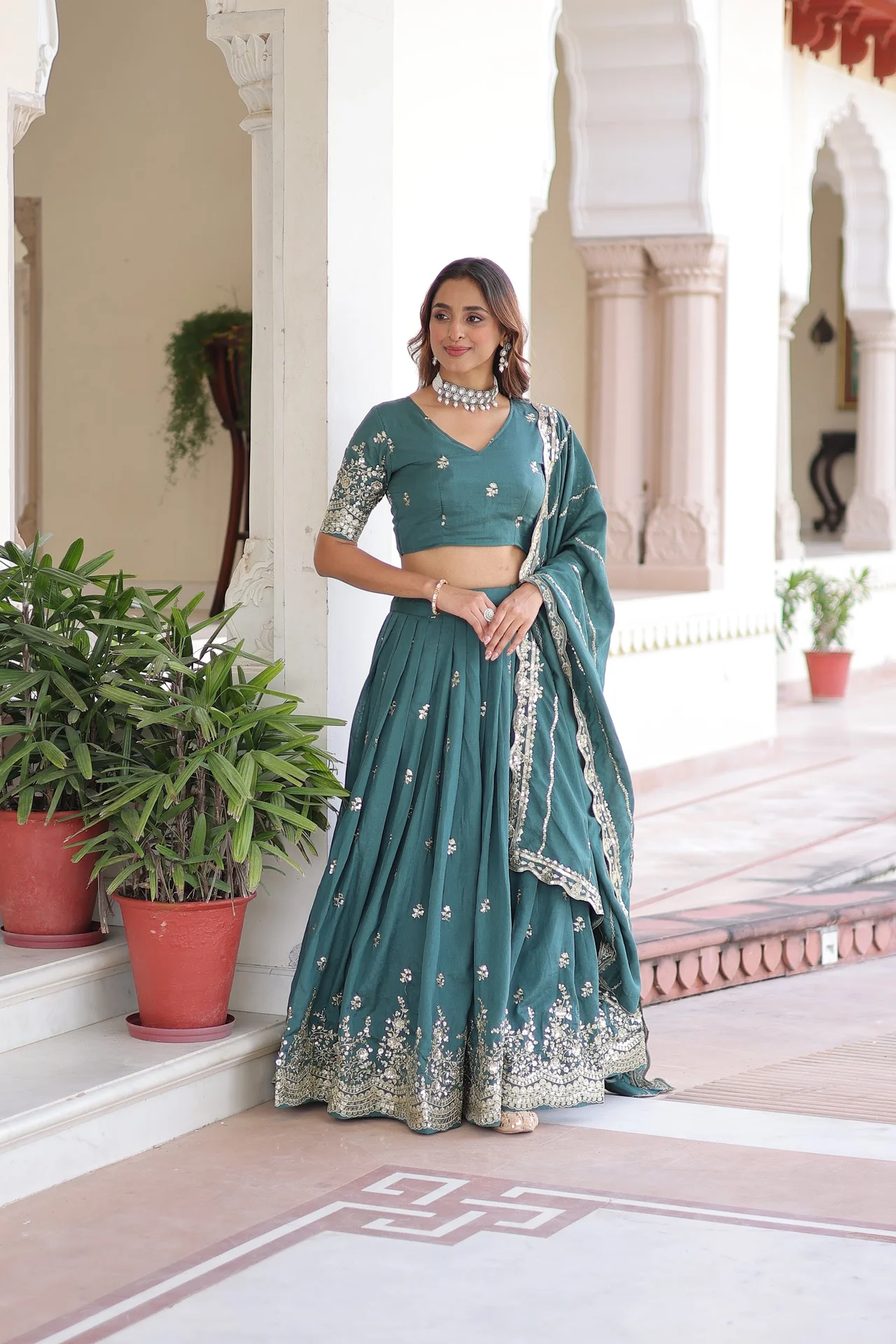 Women's Vichitra Silk Lehenga Choli with Dupatta in Teal — photo 2 of 8