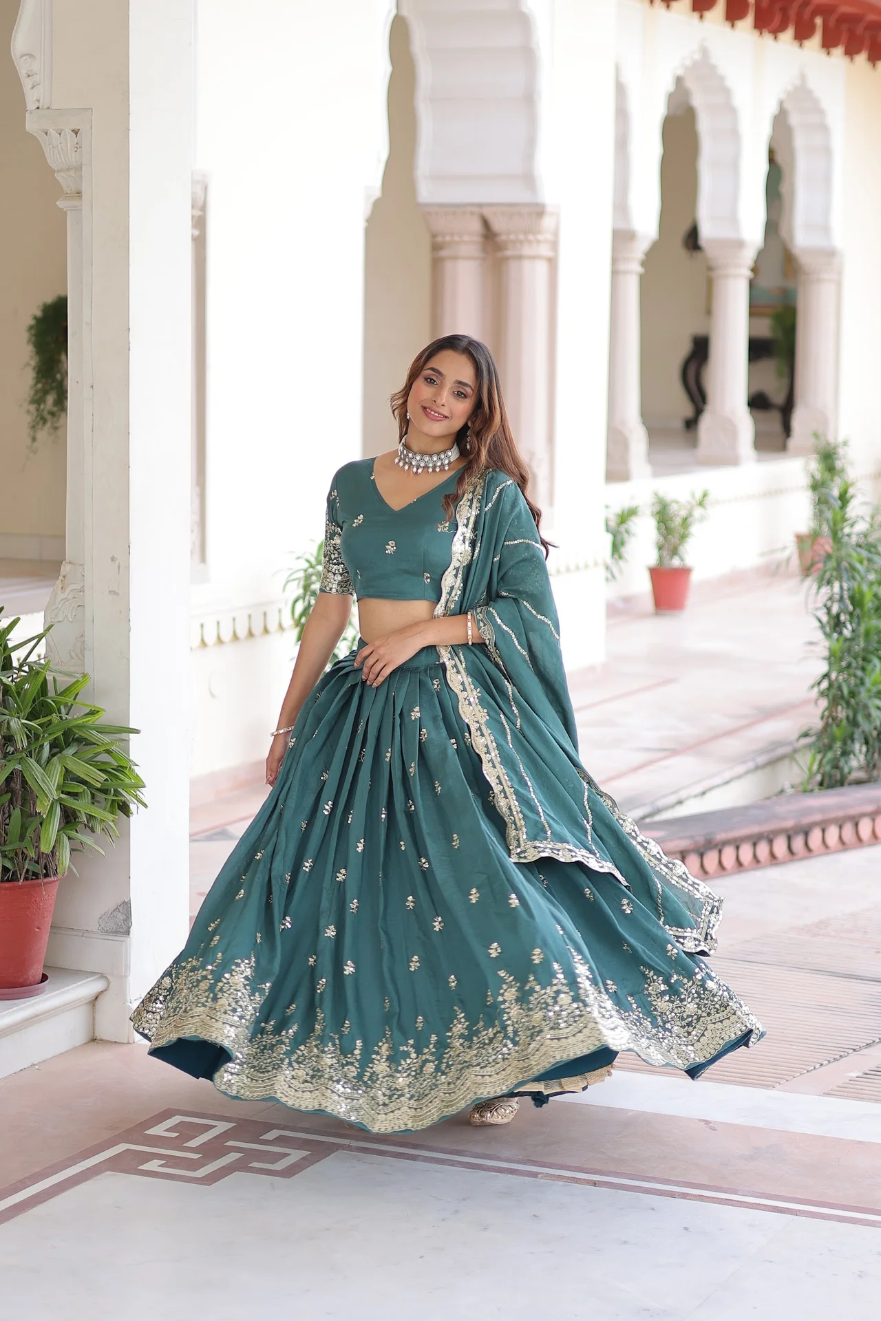 Women's Vichitra Silk Lehenga Choli with Dupatta in Teal — photo 3 of 8