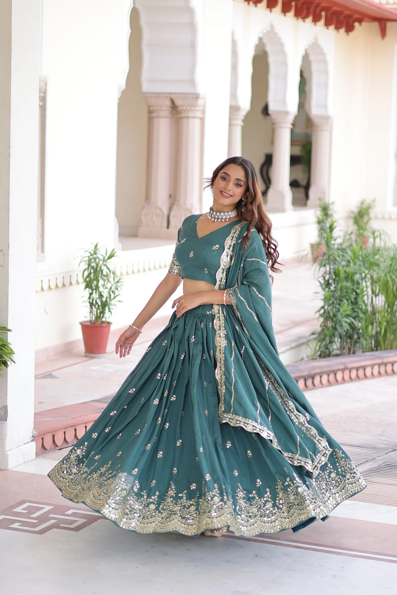 Women's Vichitra Silk Lehenga Choli with Dupatta in Teal — photo 4 of 8