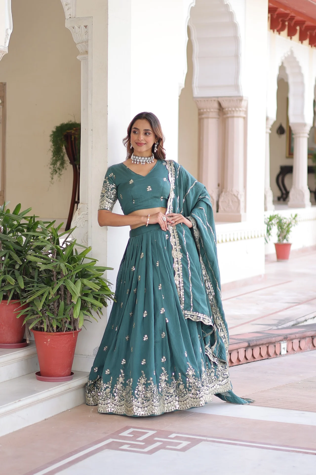 Women's Vichitra Silk Lehenga Choli with Dupatta in Teal — photo 5 of 8