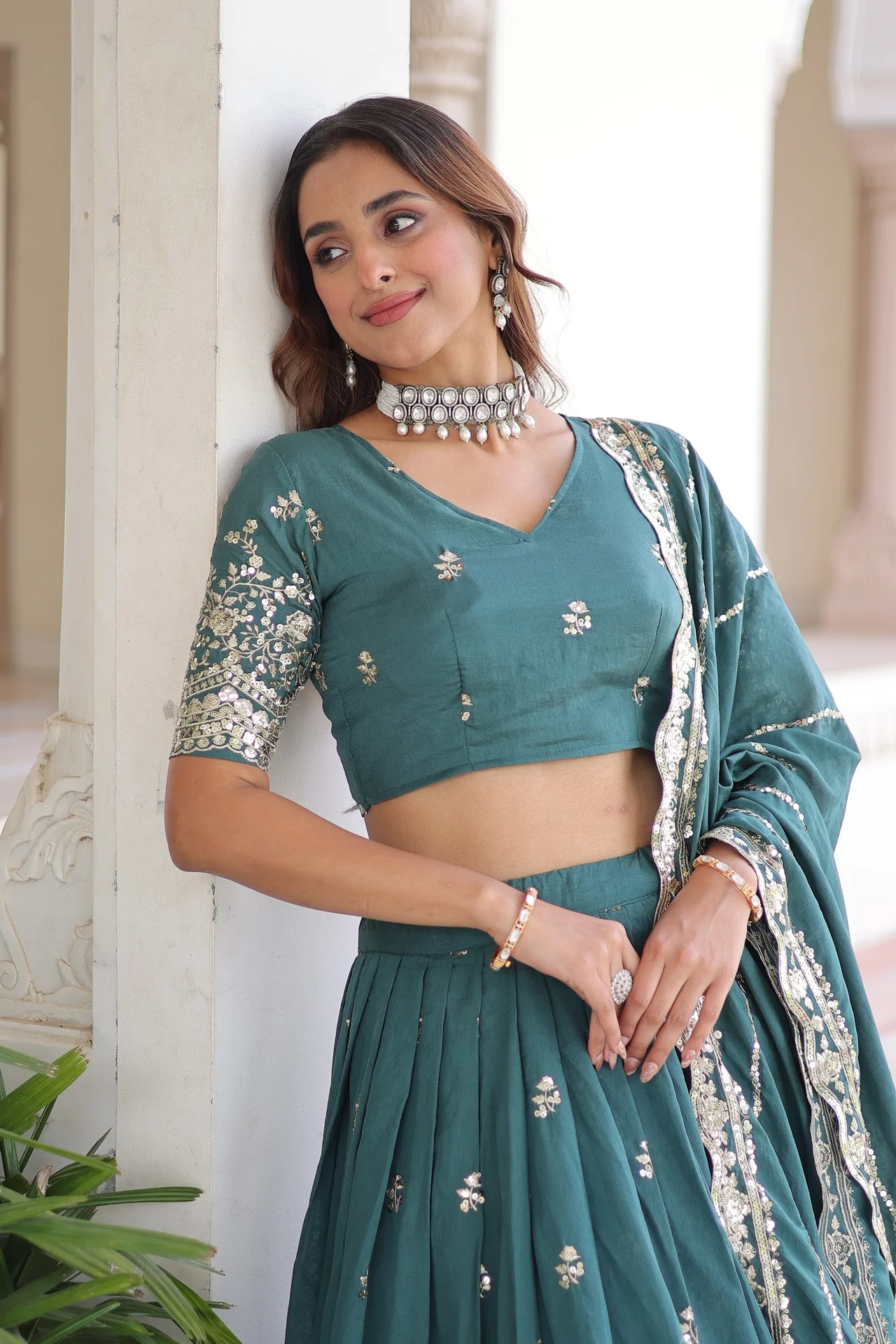 Women's Vichitra Silk Lehenga Choli with Dupatta in Teal — photo 6 of 8