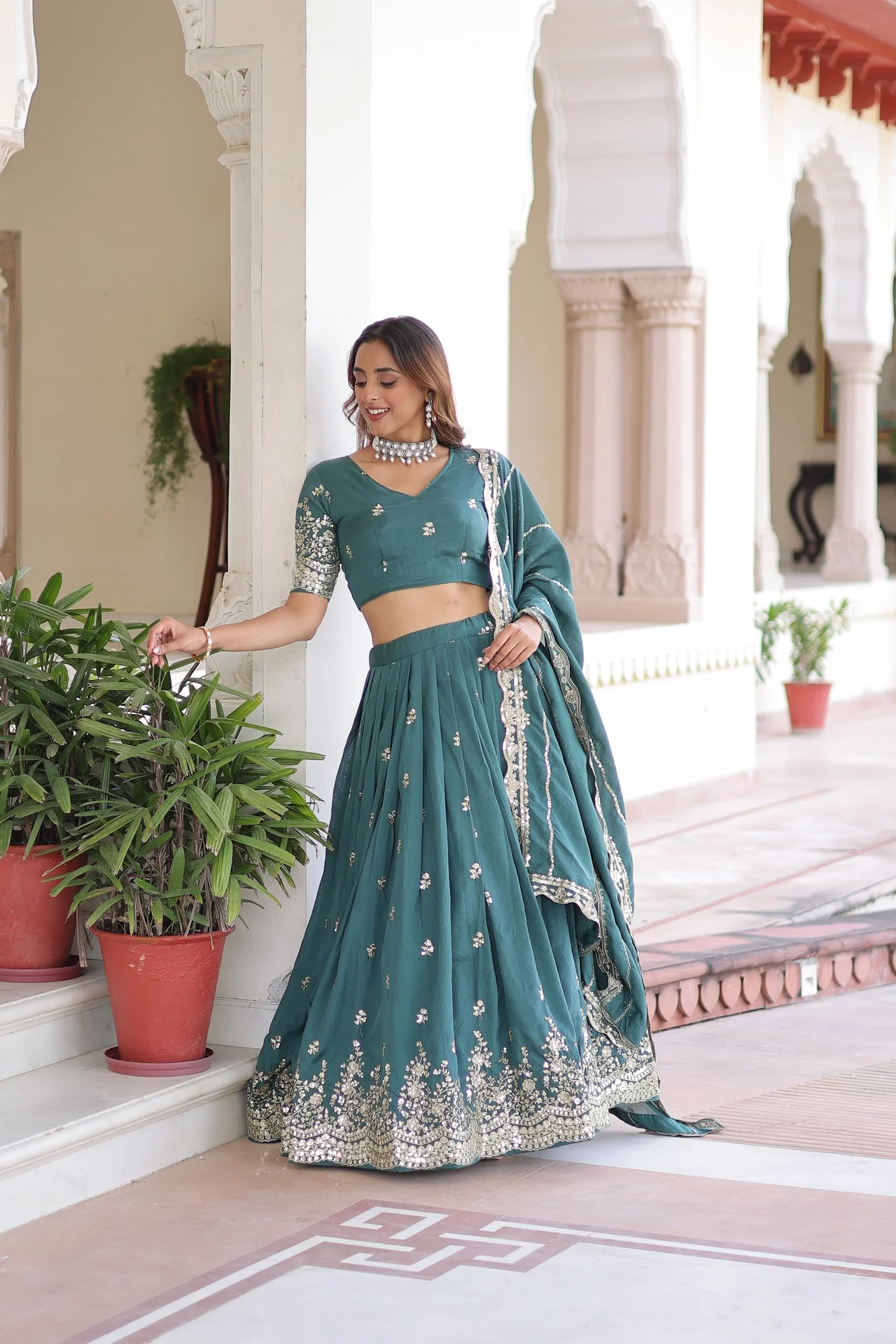 Women's Vichitra Silk Lehenga Choli with Dupatta in Teal — photo 7 of 8