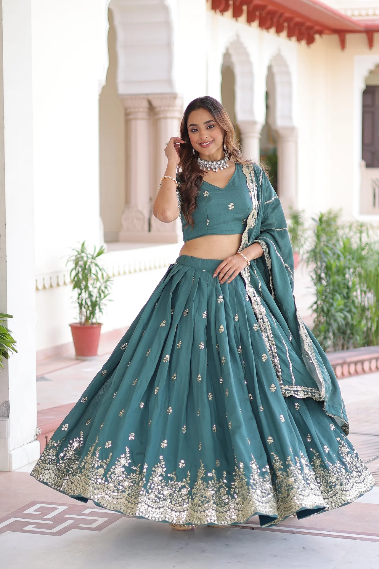 Women's Vichitra Silk Lehenga Choli with Dupatta in Teal — photo 8 of 8
