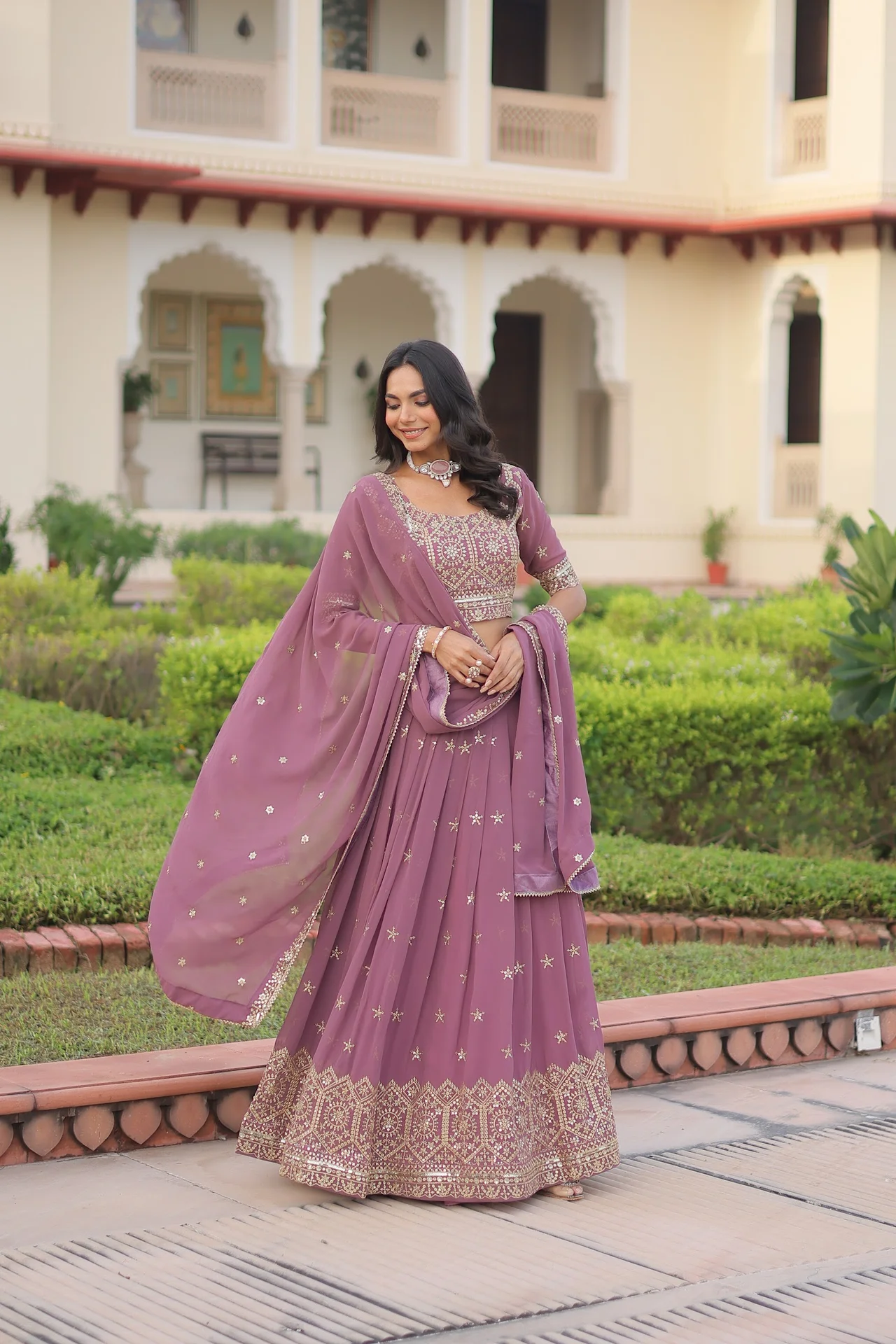 Women's Faux Georgette Lehenga Choli with Dupatta in Onion Pink — photo 2 of 9