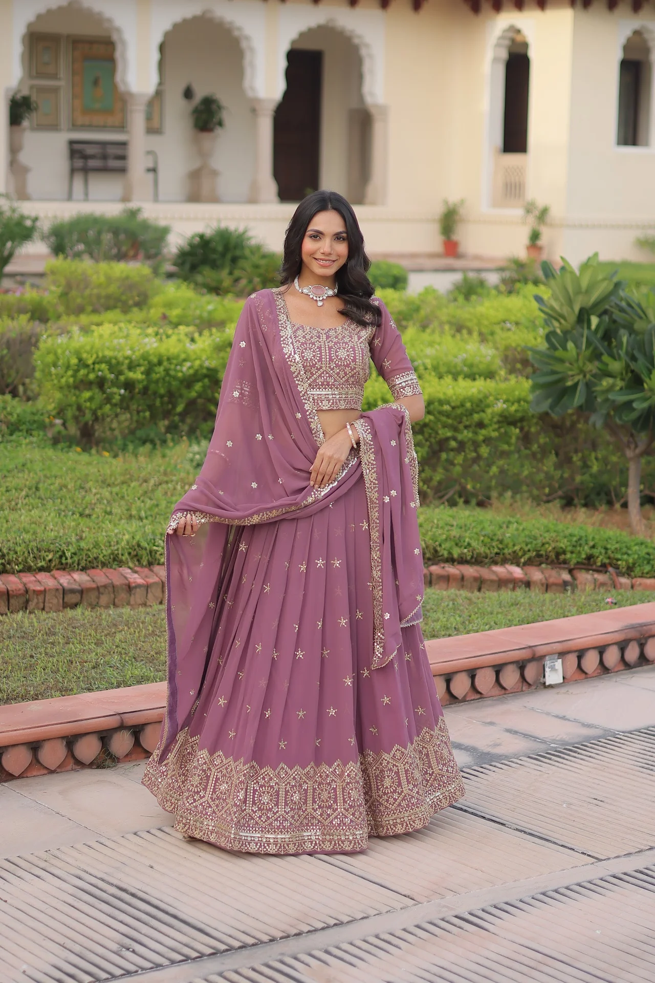 Women's Faux Georgette Lehenga Choli with Dupatta in Onion Pink — photo 3 of 9