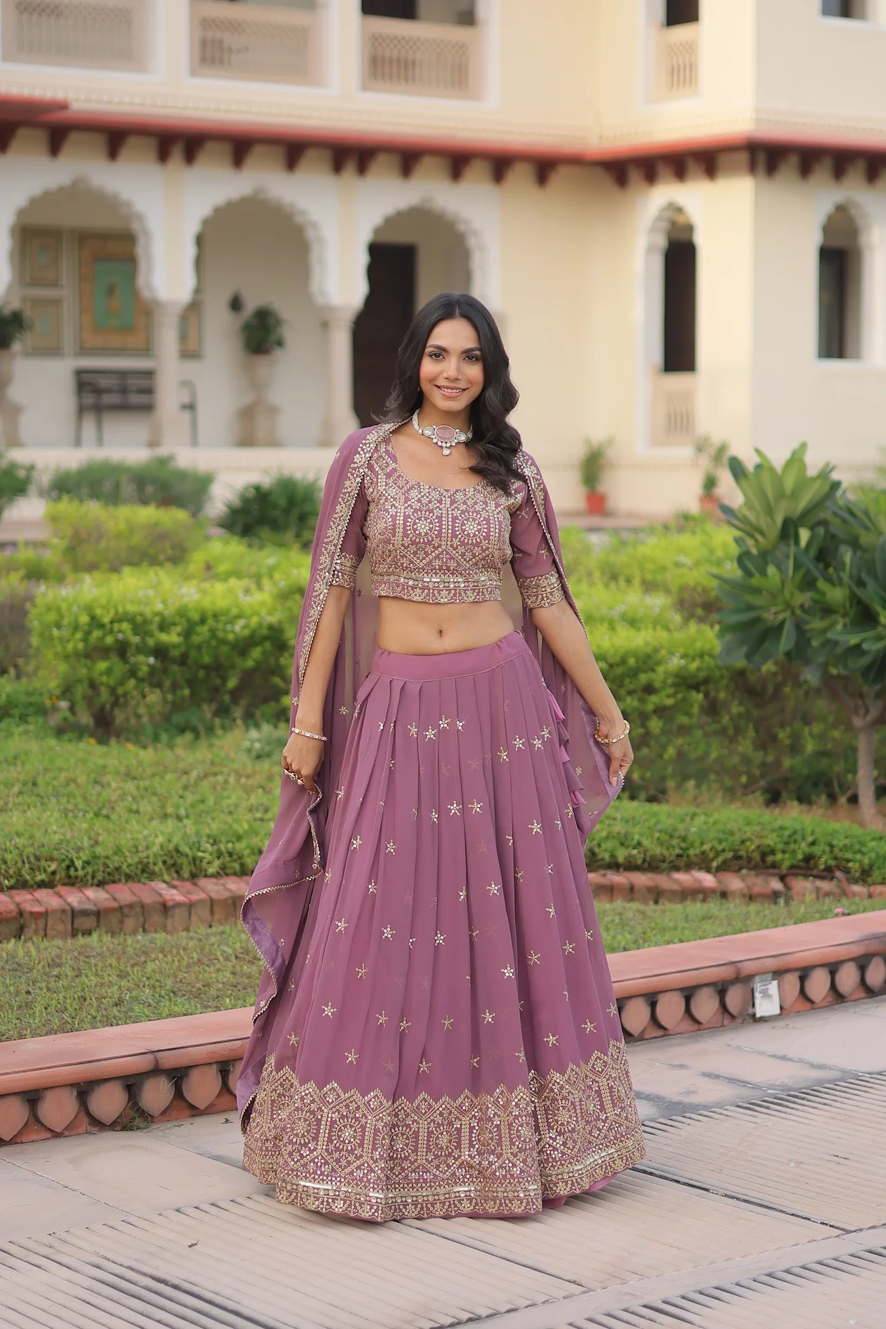 Women's Faux Georgette Lehenga Choli with Dupatta in Onion Pink — photo 4 of 9