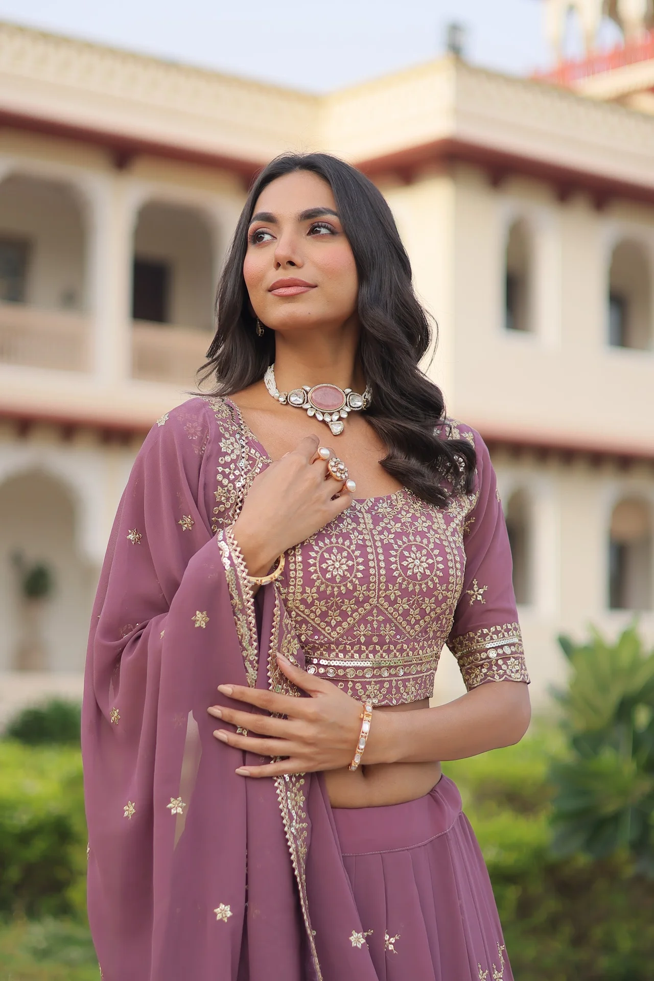 Women's Faux Georgette Lehenga Choli with Dupatta in Onion Pink — photo 5 of 9